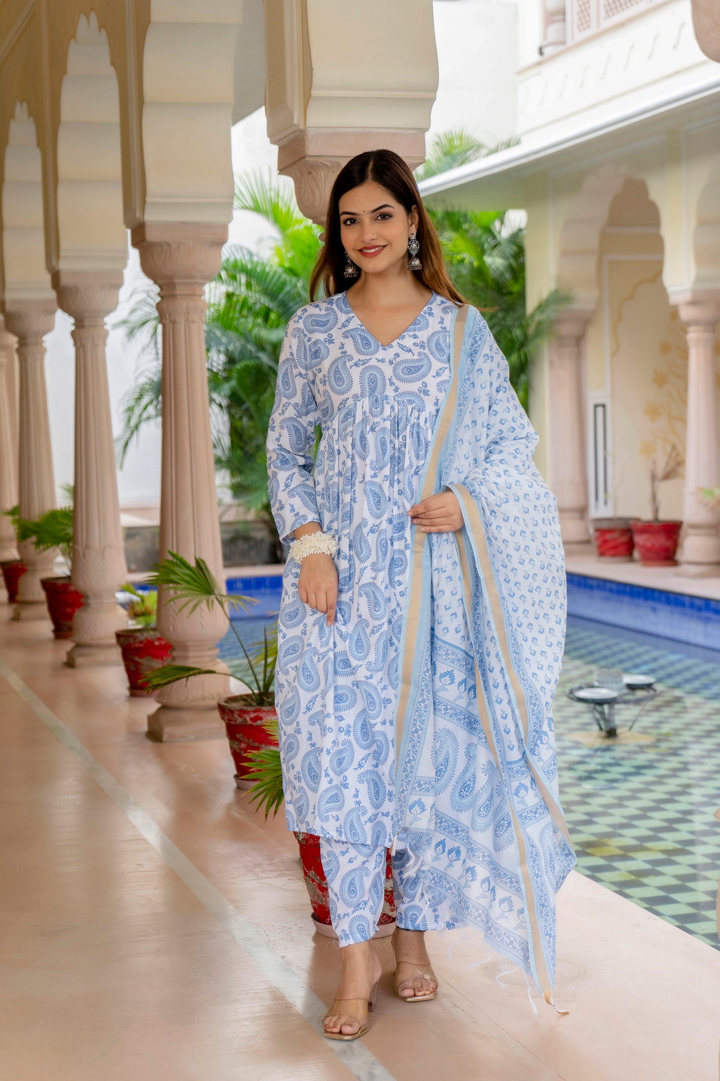 Women Block Printed Kurta and Pant Set With Dupatta in Traditional design Dropshipera