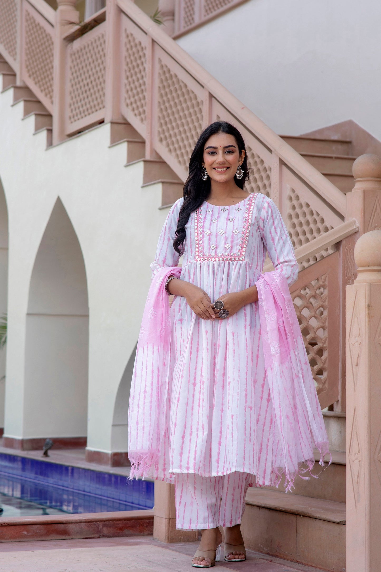 Women Embroidery Kurta and Pant Set with Dupatta in Pink Dropshipera