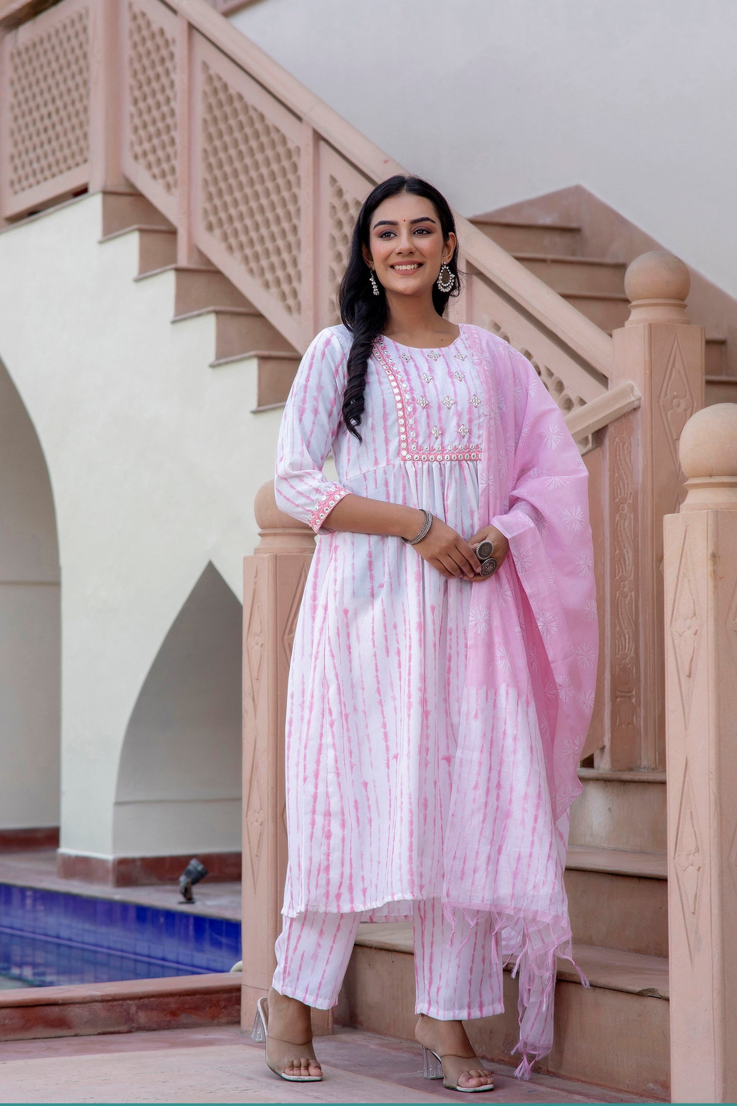 Women Embroidery Kurta and Pant Set with Dupatta in Pink Dropshipera