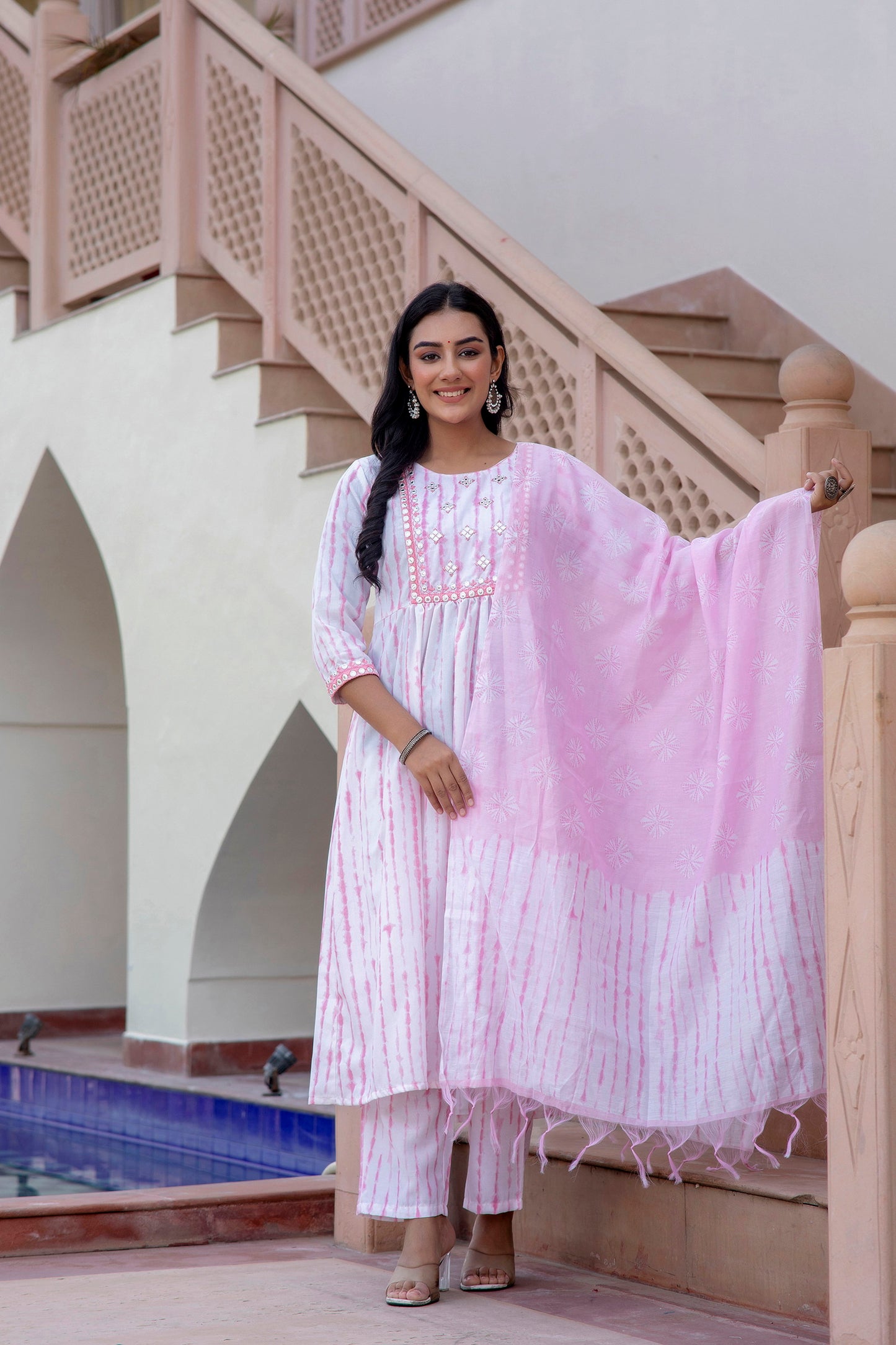 Women Embroidery Kurta and Pant Set with Dupatta in Pink Dropshipera