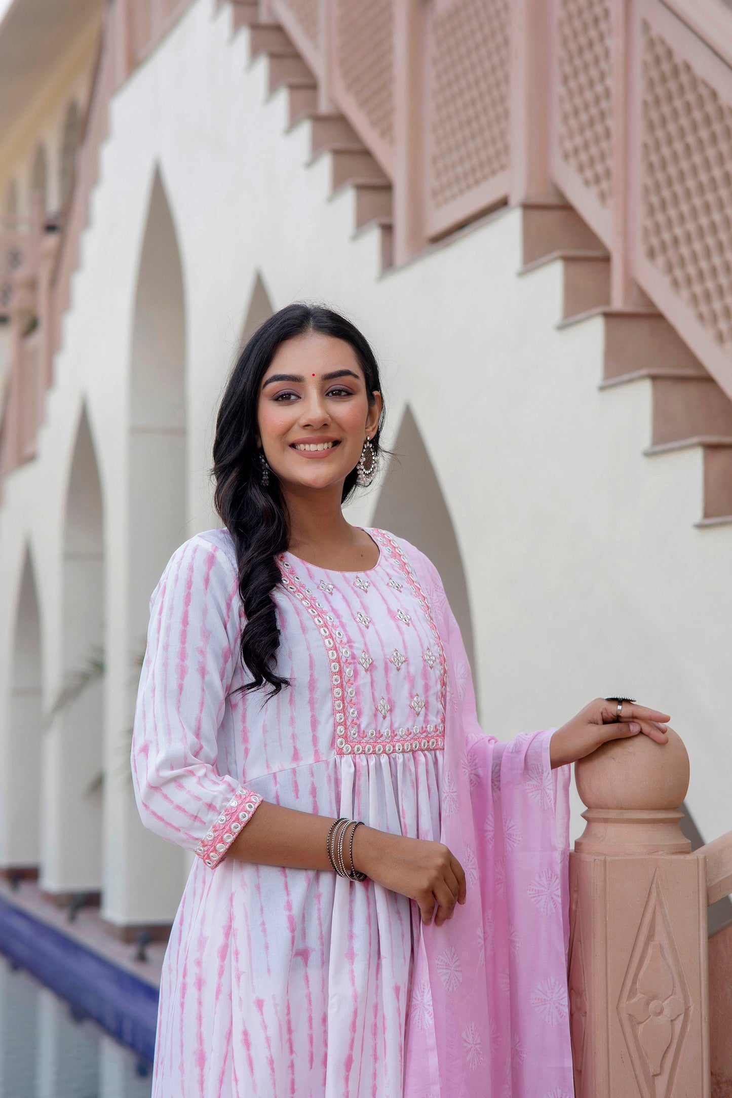 Women Embroidery Kurta and Pant Set with Dupatta in Pink Dropshipera