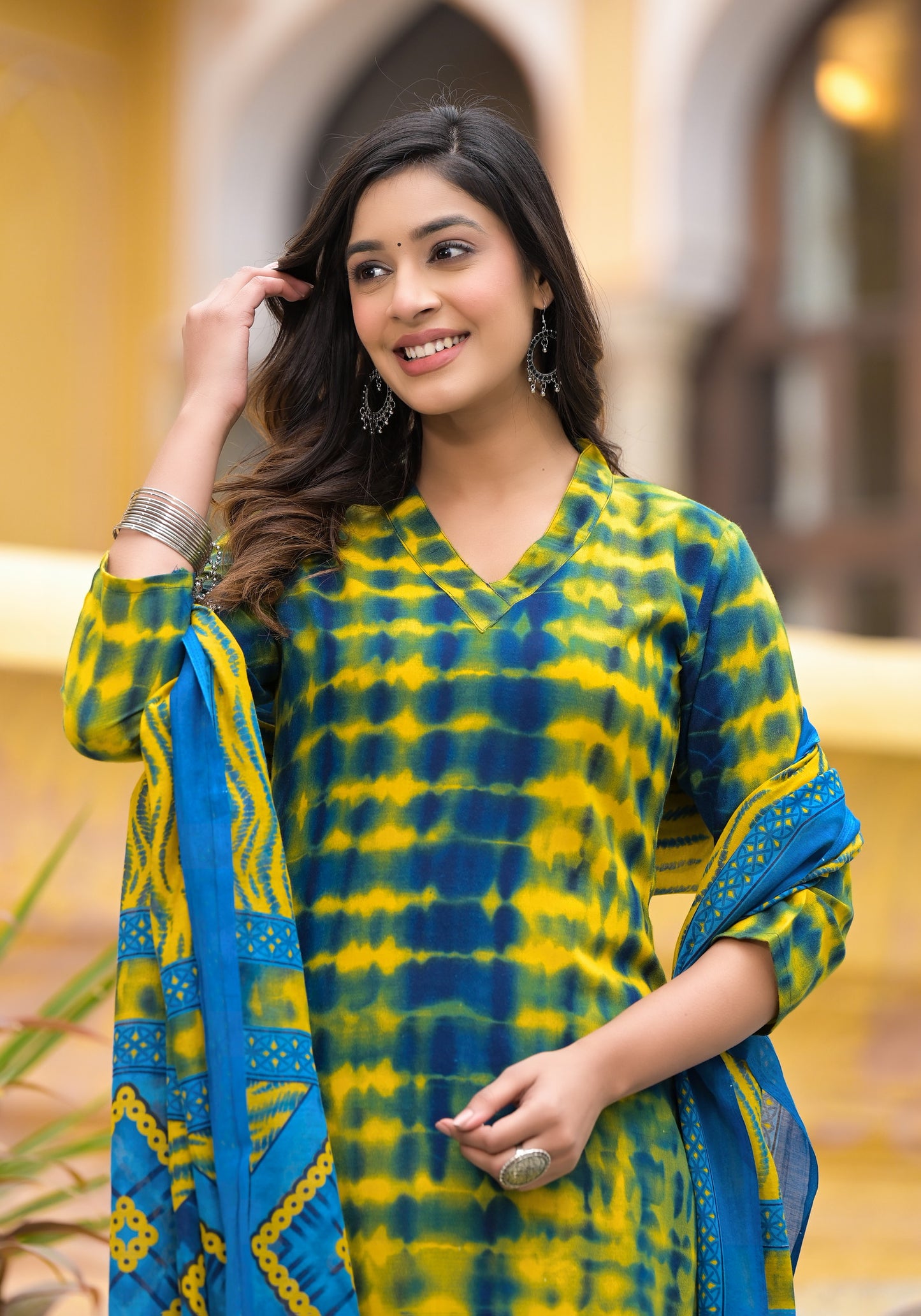 Simple and Beautiful Tie Die Printed Kurta Set with Bottom and Dupatta Dropshipera