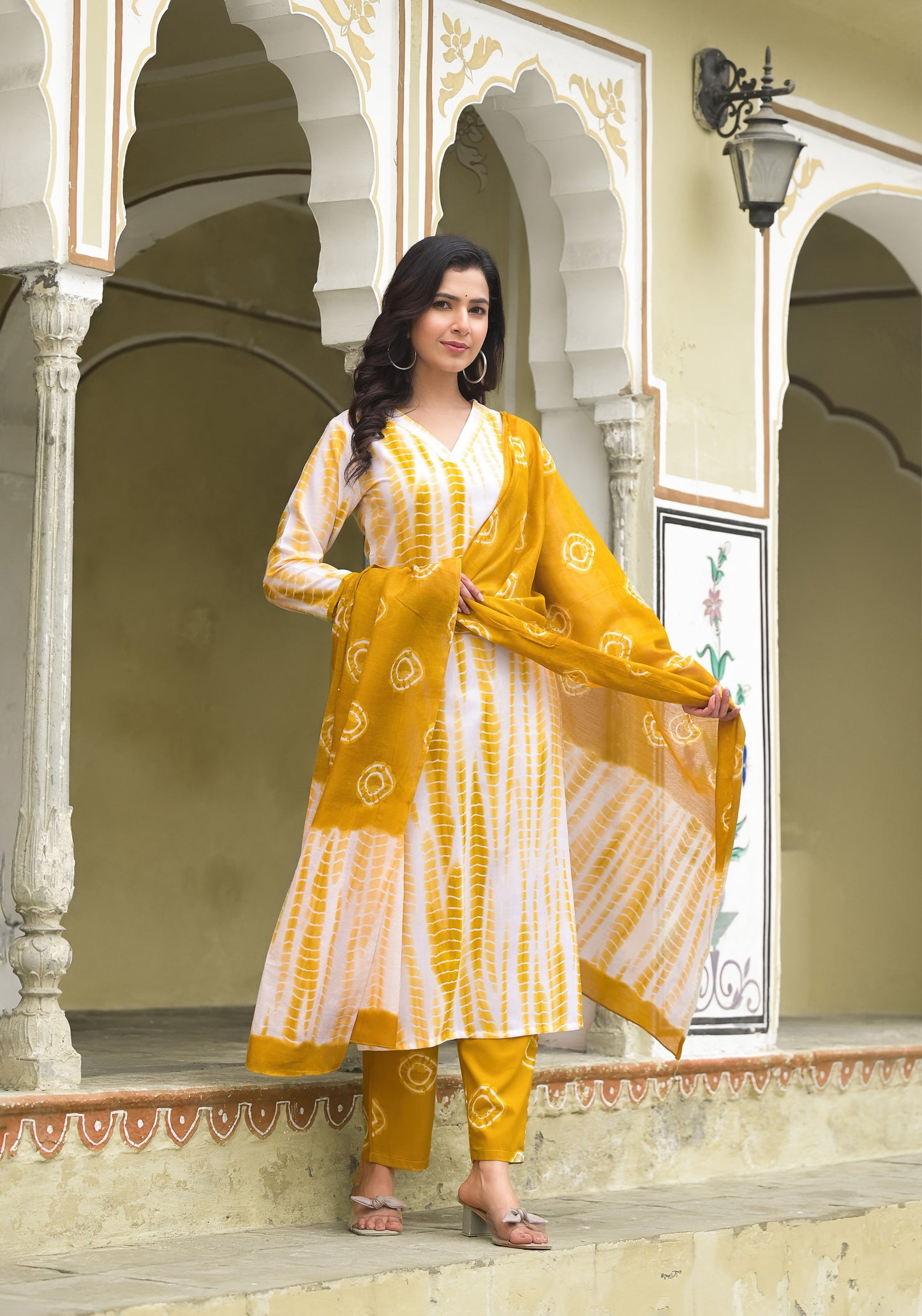 Yellow and White Tie Die printed Kurta Set with Bottom and Dupatta Dropshipera