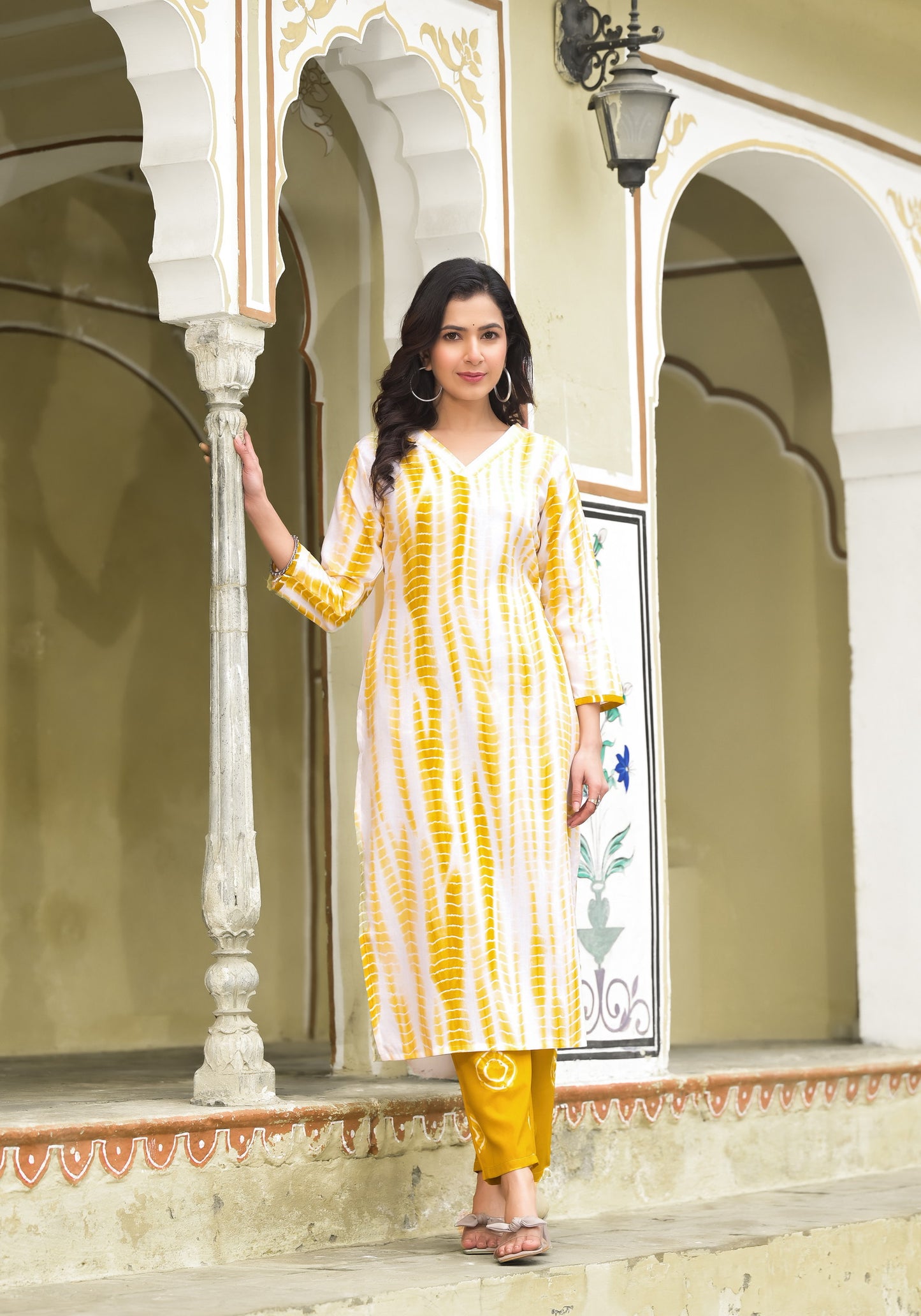 Yellow and White Tie Die printed Kurta Set with Bottom and Dupatta Dropshipera