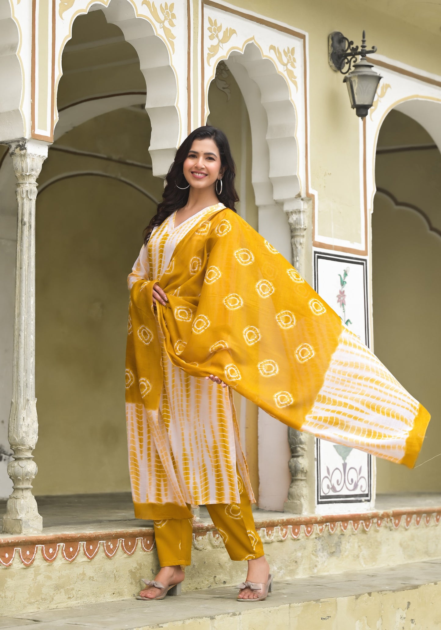 Yellow and White Tie Die printed Kurta Set with Bottom and Dupatta Dropshipera