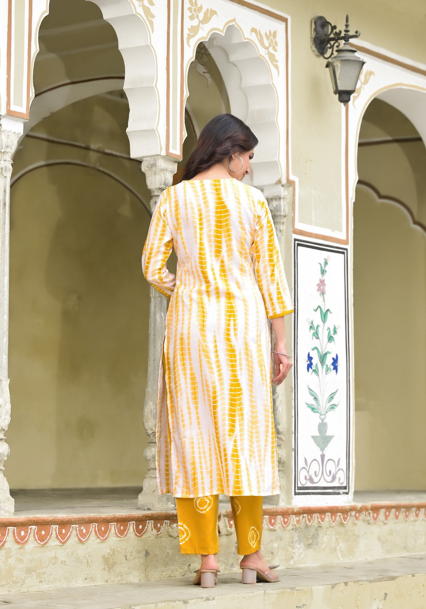 Yellow and White Tie Die printed Kurta Set with Bottom and Dupatta Dropshipera