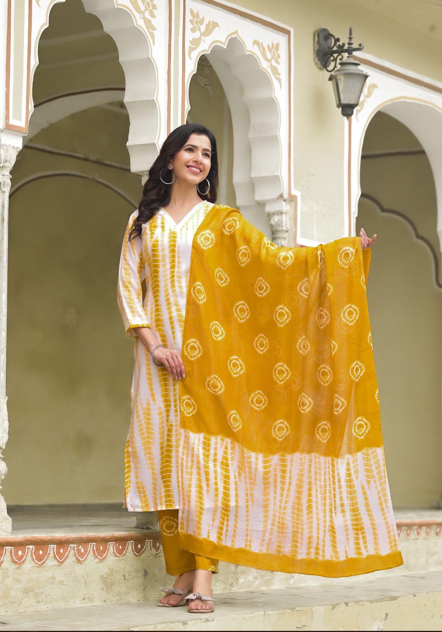 Yellow and White Tie Die printed Kurta Set with Bottom and Dupatta Dropshipera