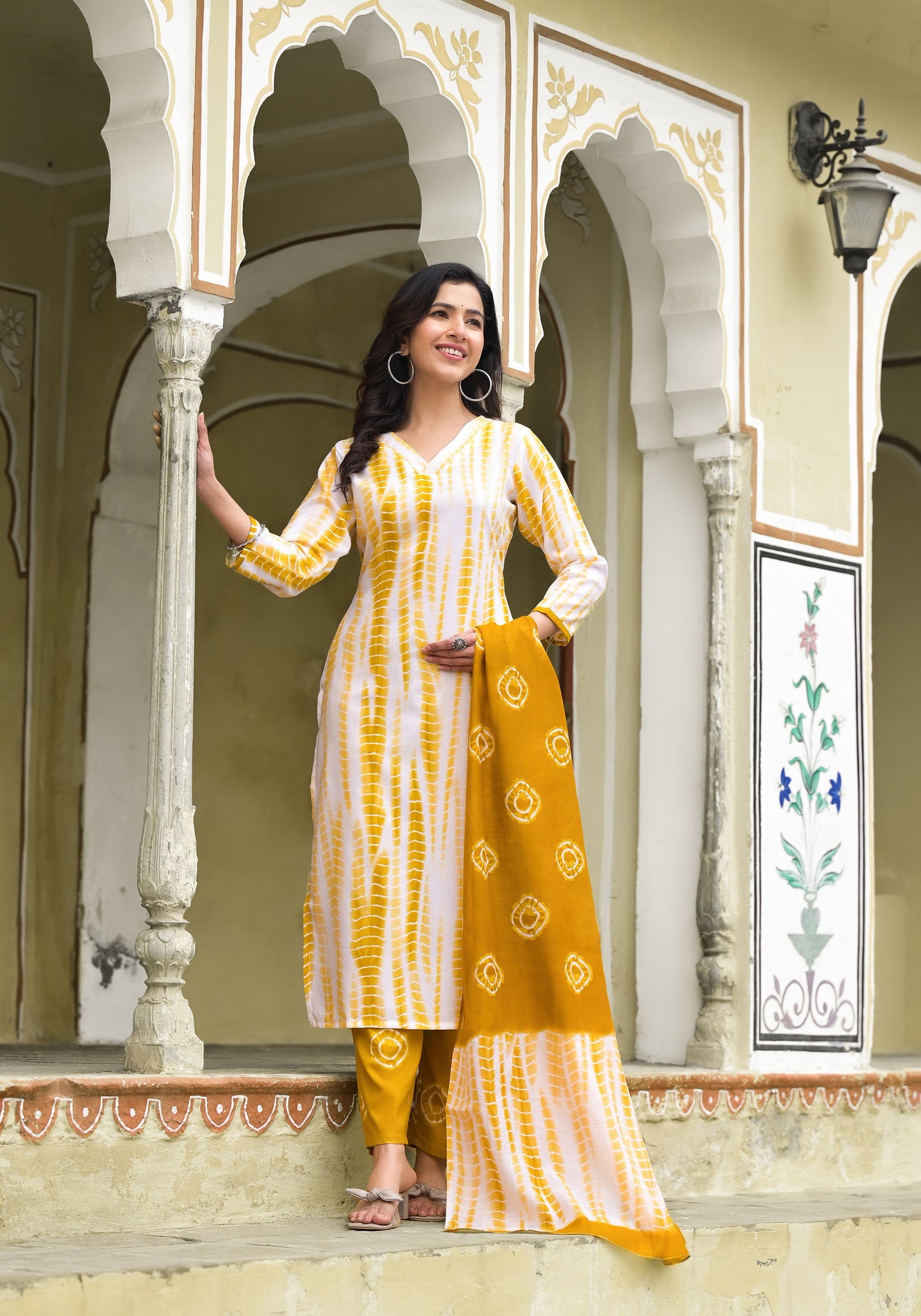 Yellow and White Tie Die printed Kurta Set with Bottom and Dupatta Dropshipera