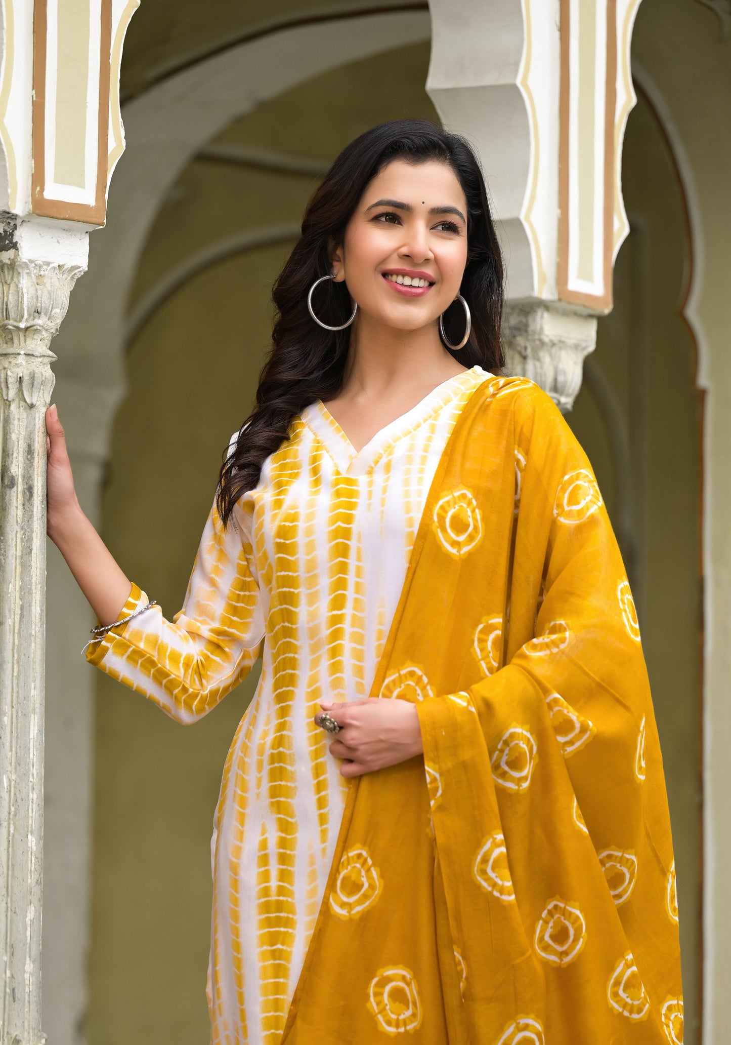 Yellow and White Tie Die printed Kurta Set with Bottom and Dupatta Dropshipera