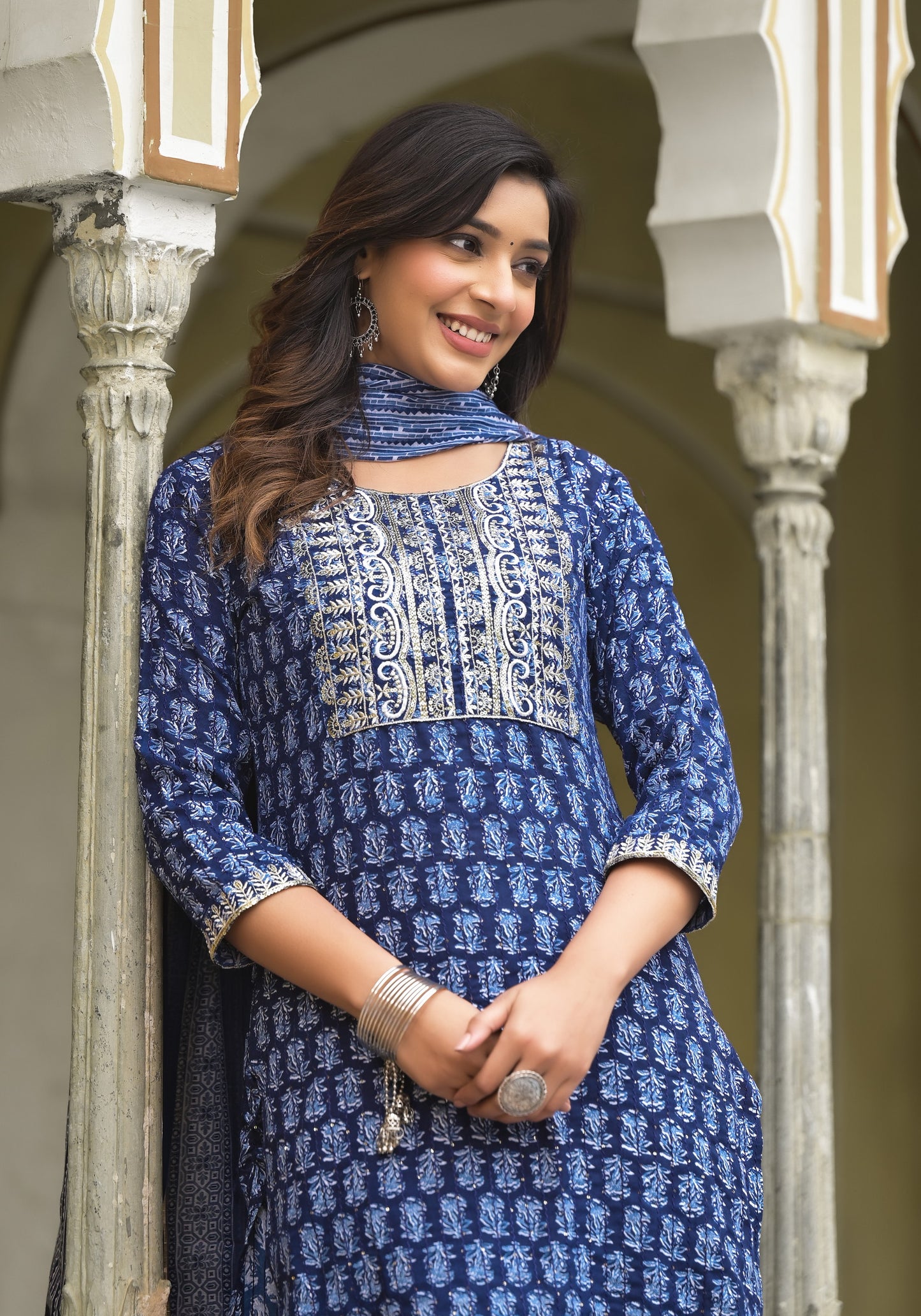 Simple and Designer Kurta set with Bottom and Dupatta in Blue Color Dropshipera