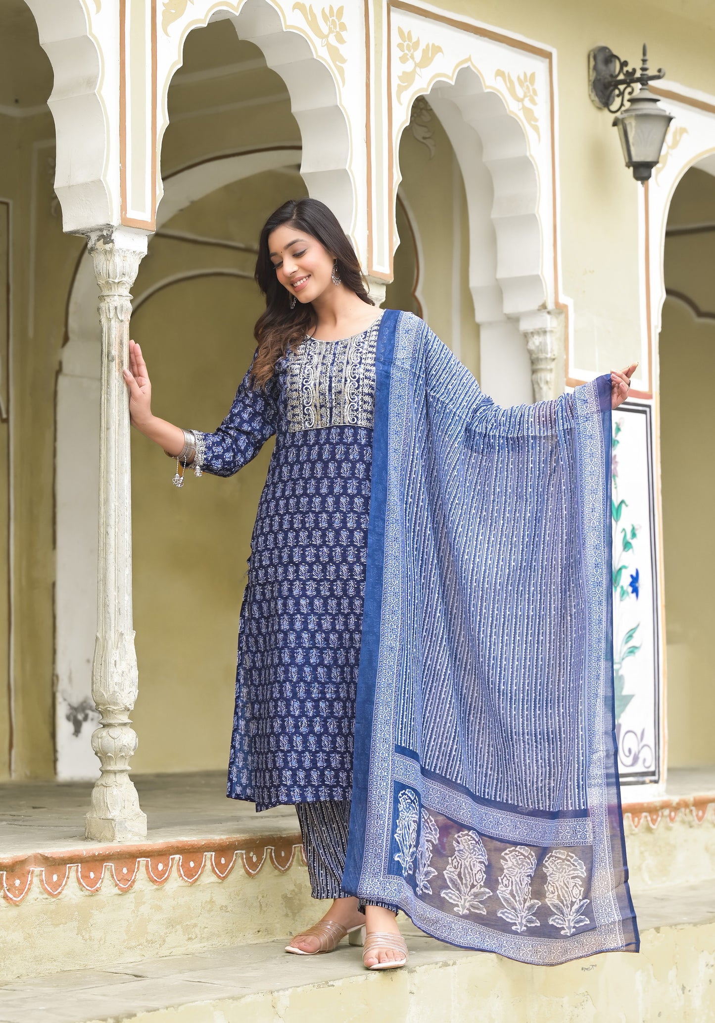 Simple and Designer Kurta set with Bottom and Dupatta in Blue Color Dropshipera