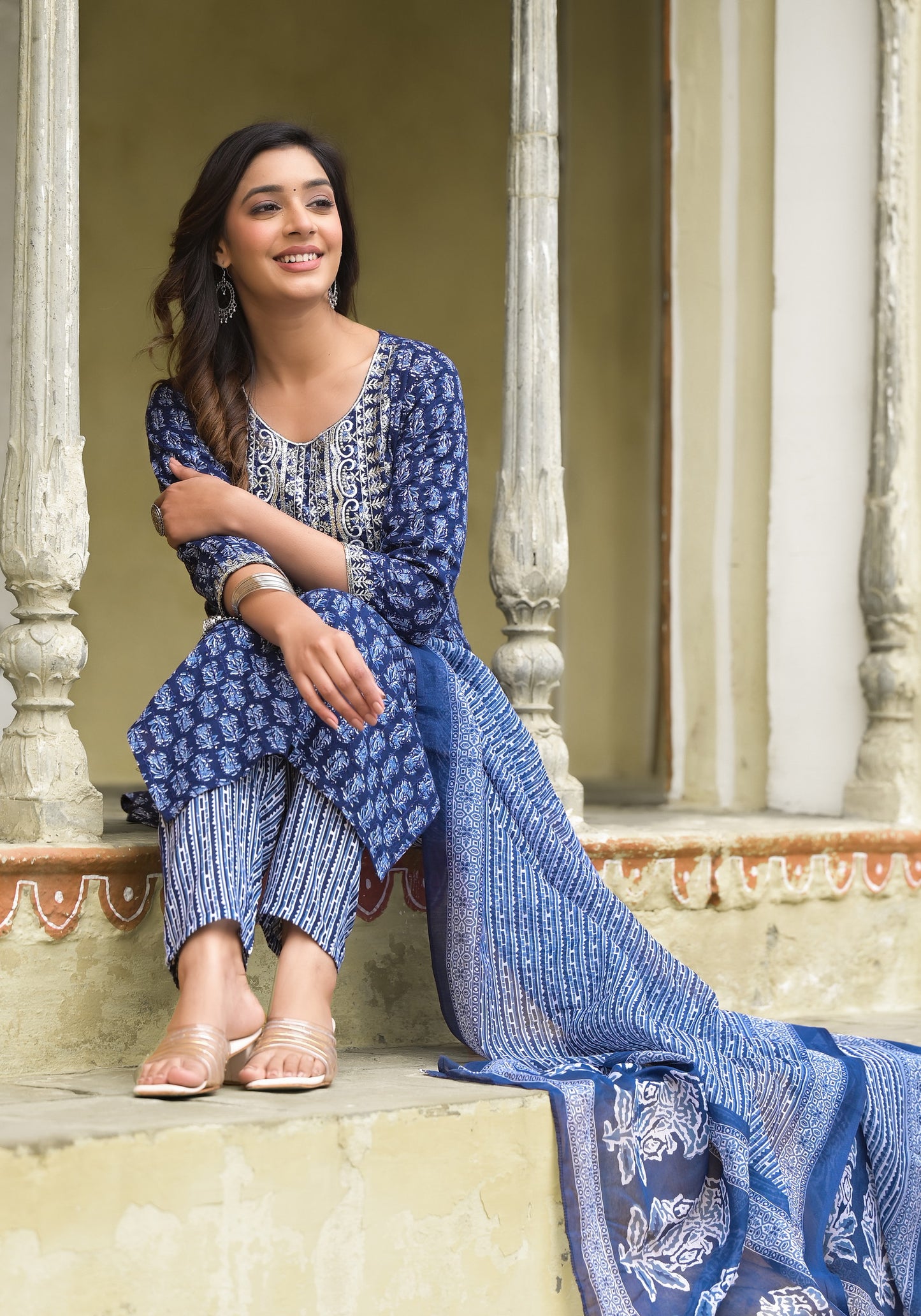 Simple and Designer Kurta set with Bottom and Dupatta in Blue Color Dropshipera