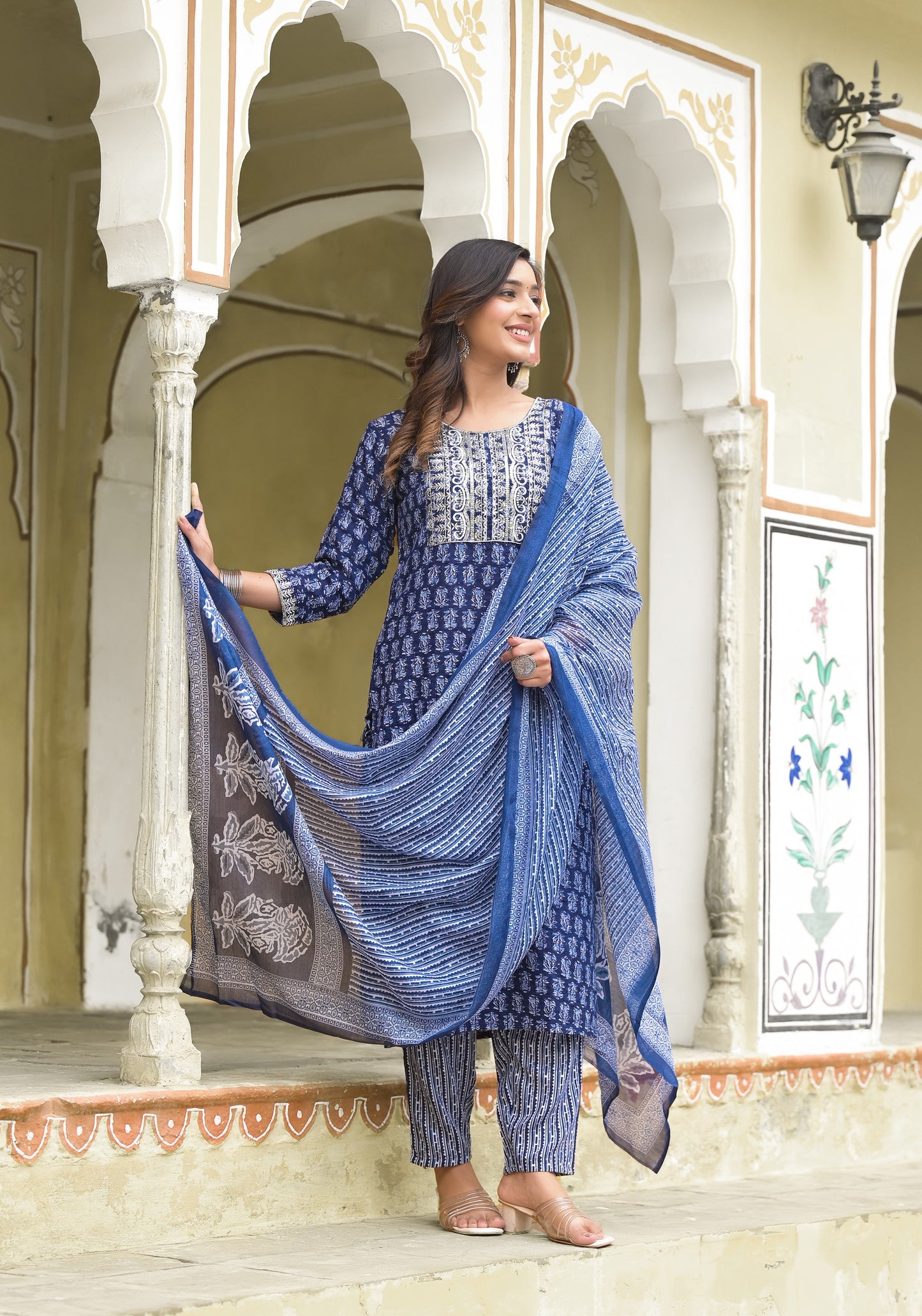 Simple and Designer Kurta set with Bottom and Dupatta in Blue Color Dropshipera