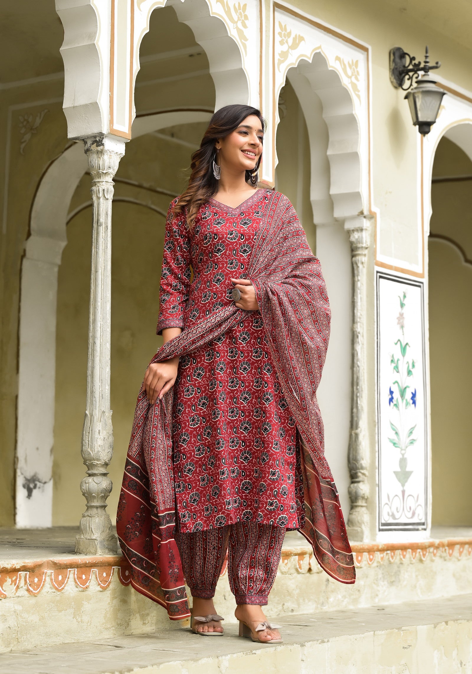 Maroon Color Straight Kurta Pant and printed Dupatta Set For Women Dropshipera
