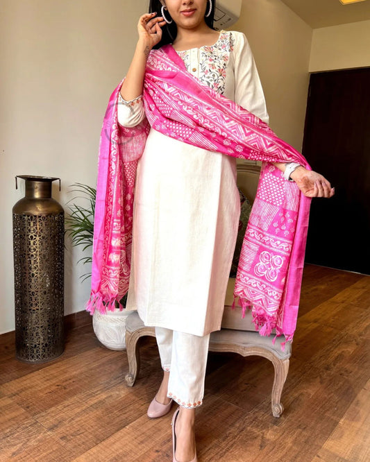 Off White Handloom Khadi Cotton Kurta Pant and Khadi Silk Dupatta Set For Women Dropshipera