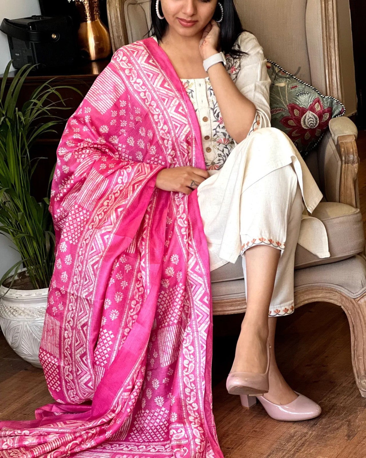 Off White Handloom Khadi Cotton Kurta Pant and Khadi Silk Dupatta Set For Women Dropshipera