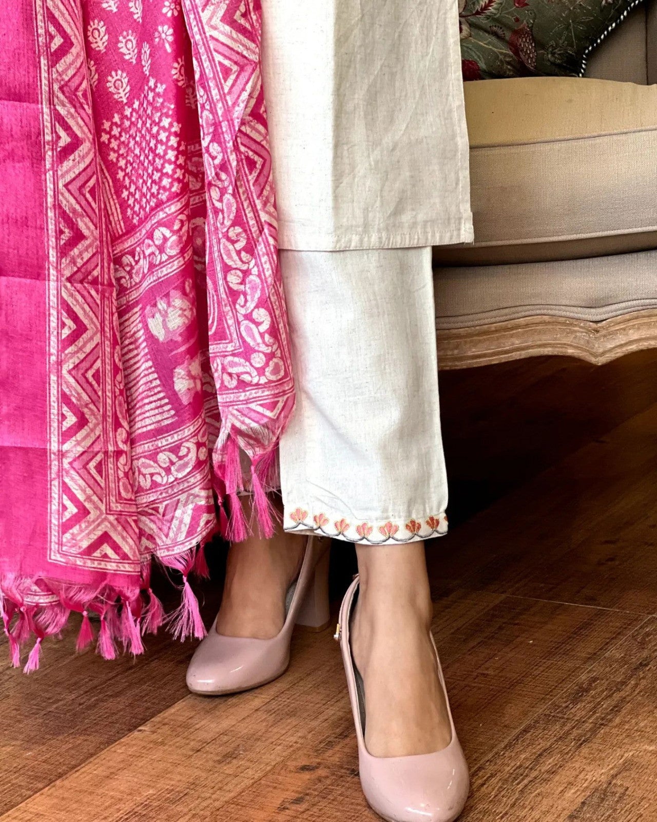 Off White Handloom Khadi Cotton Kurta Pant and Khadi Silk Dupatta Set For Women Dropshipera