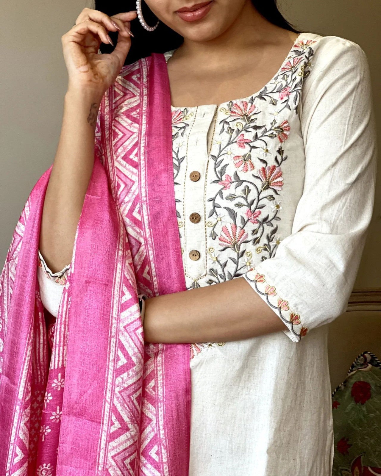 Off White Handloom Khadi Cotton Kurta Pant and Khadi Silk Dupatta Set For Women Dropshipera