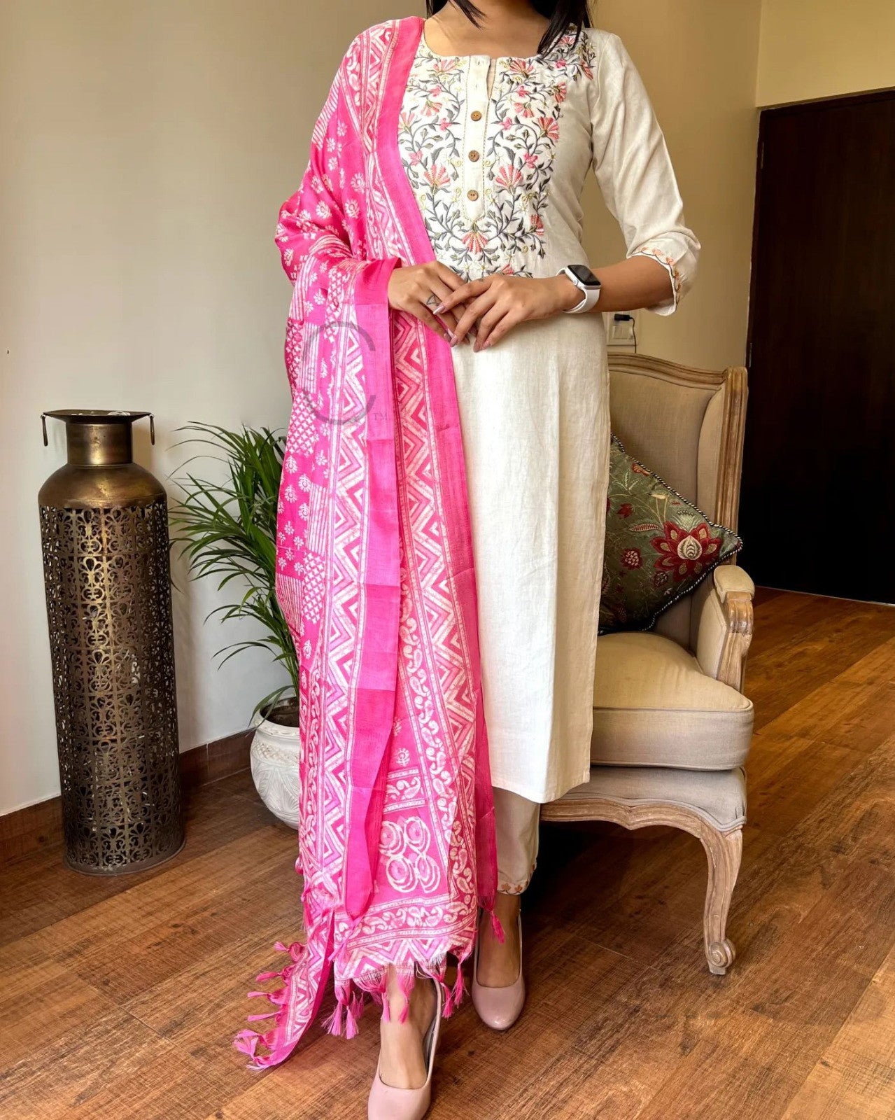 Off White Handloom Khadi Cotton Kurta Pant and Khadi Silk Dupatta Set For Women Dropshipera