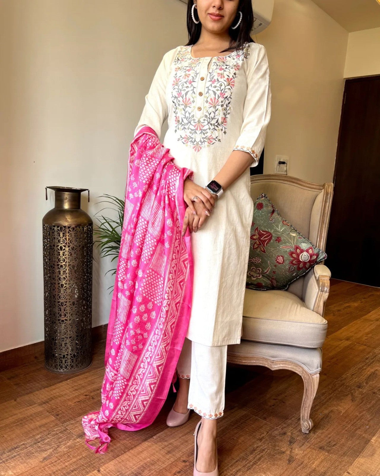 Off White Handloom Khadi Cotton Kurta Pant and Khadi Silk Dupatta Set For Women Dropshipera
