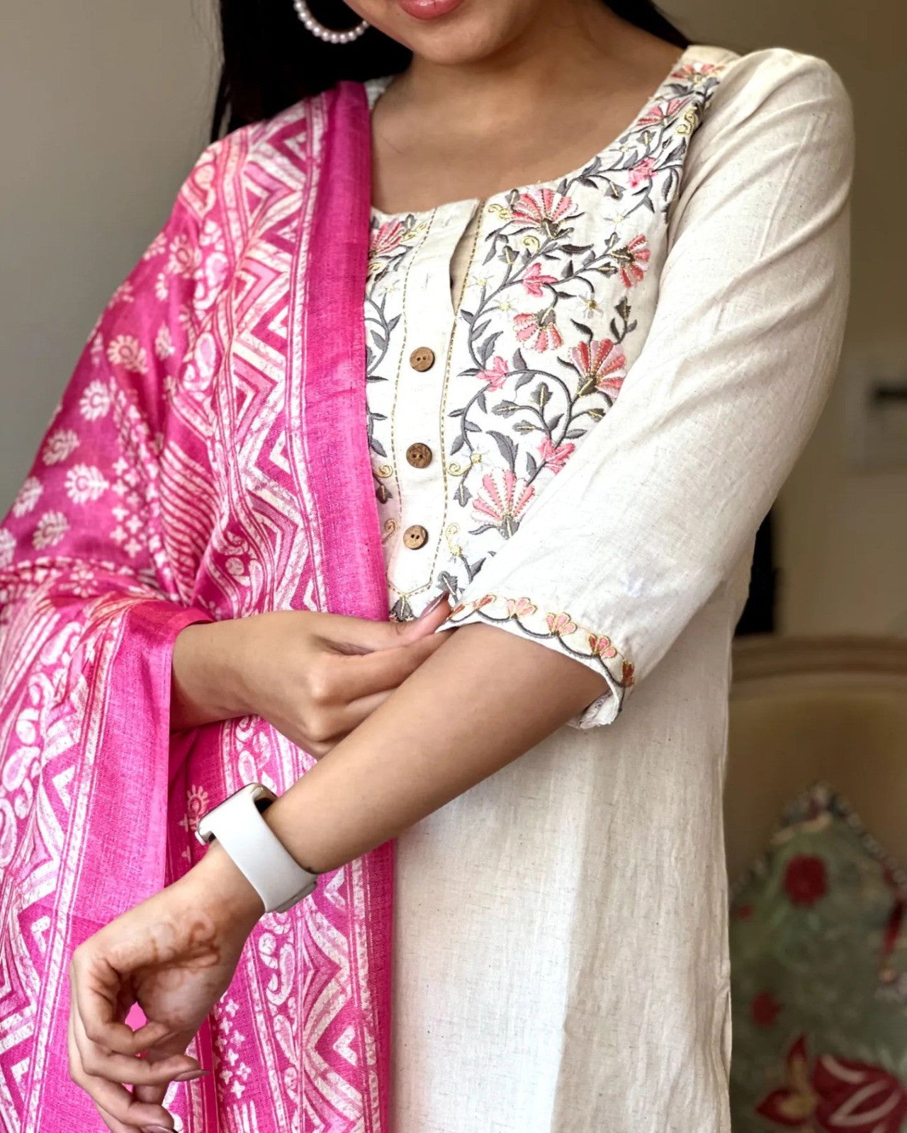Off White Handloom Khadi Cotton Kurta Pant and Khadi Silk Dupatta Set For Women Dropshipera
