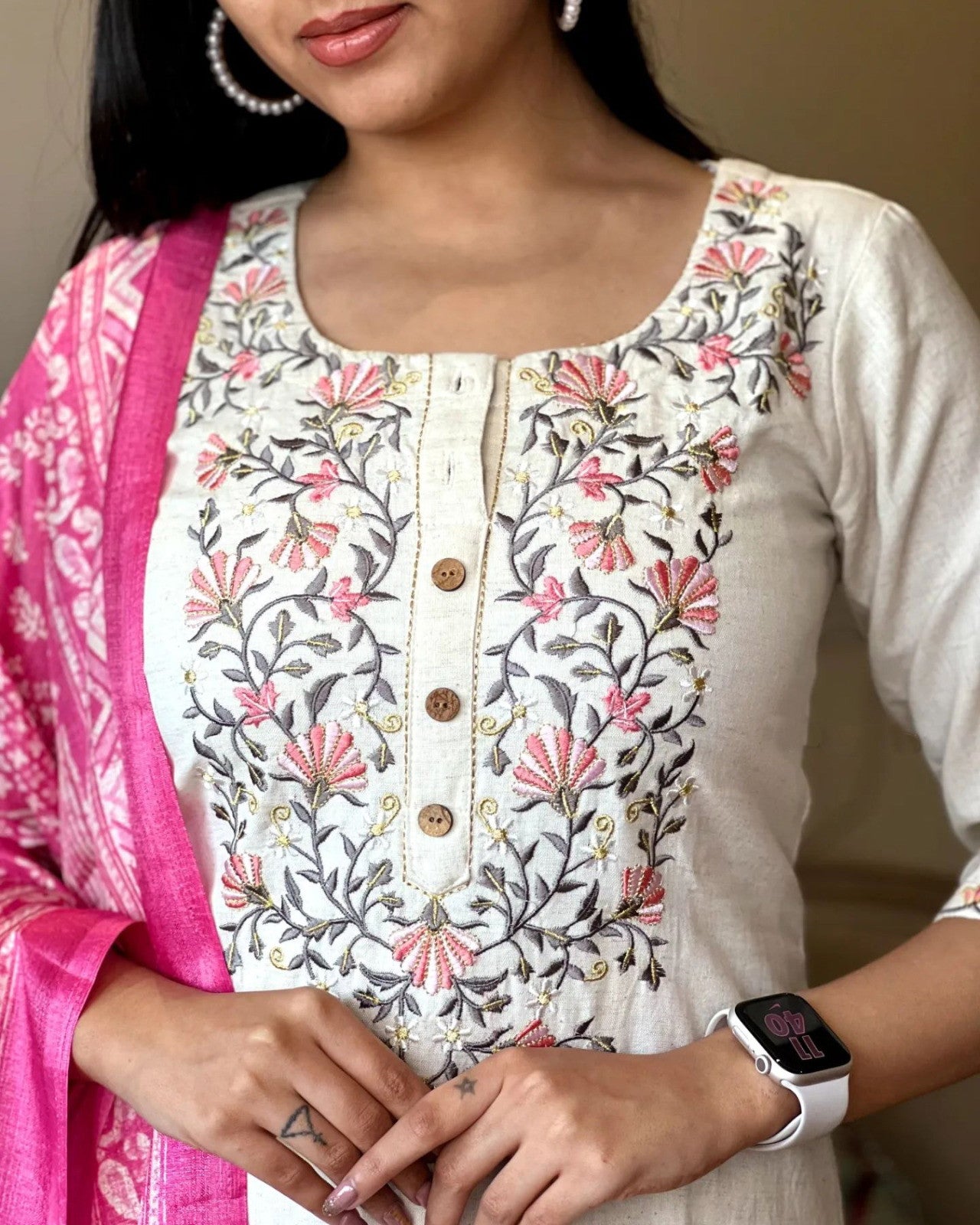 Off White Handloom Khadi Cotton Kurta Pant and Khadi Silk Dupatta Set For Women Dropshipera