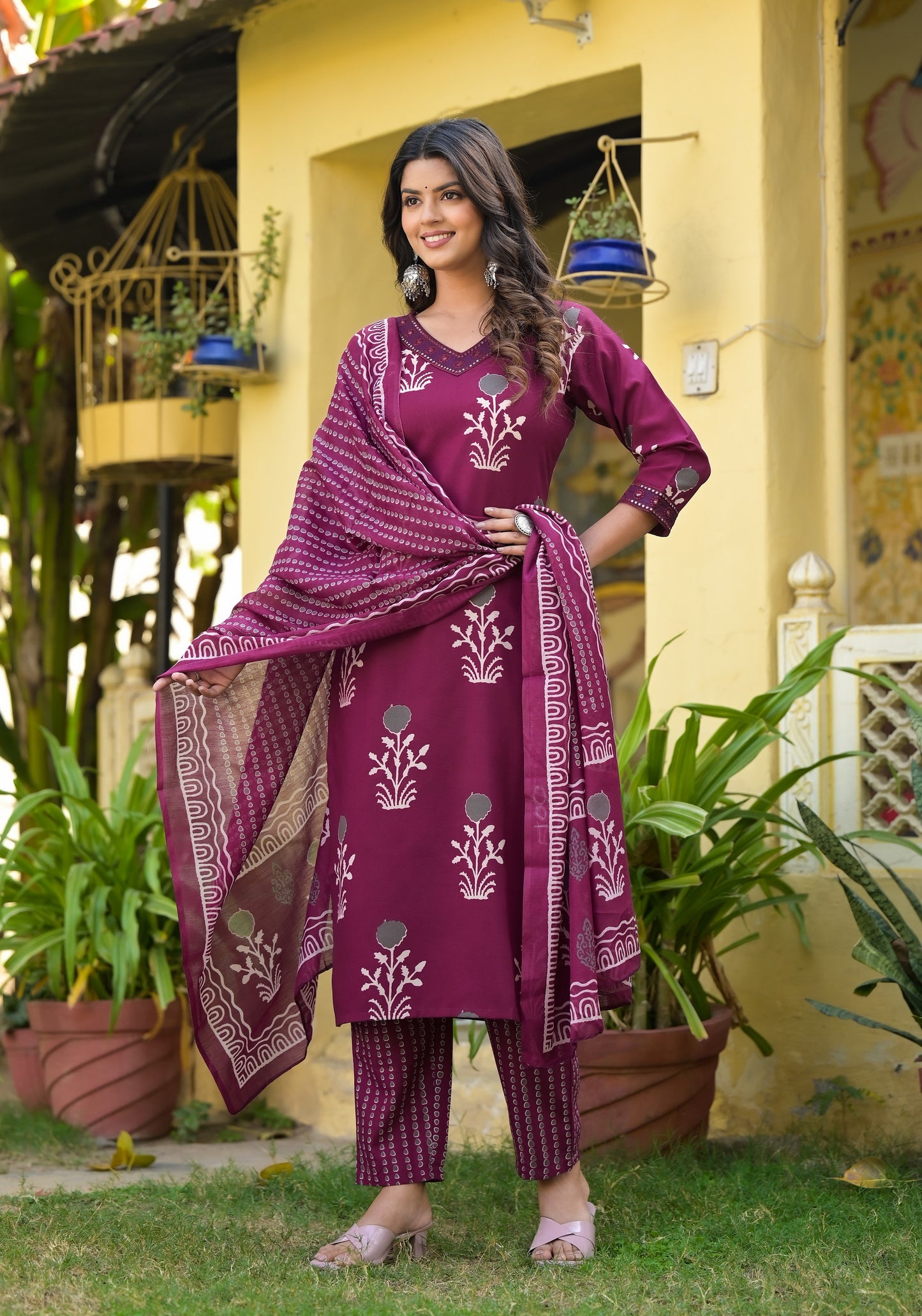 Wine Color Straight Kurta Set with Bottom Wear and Dupatta Dropshipera