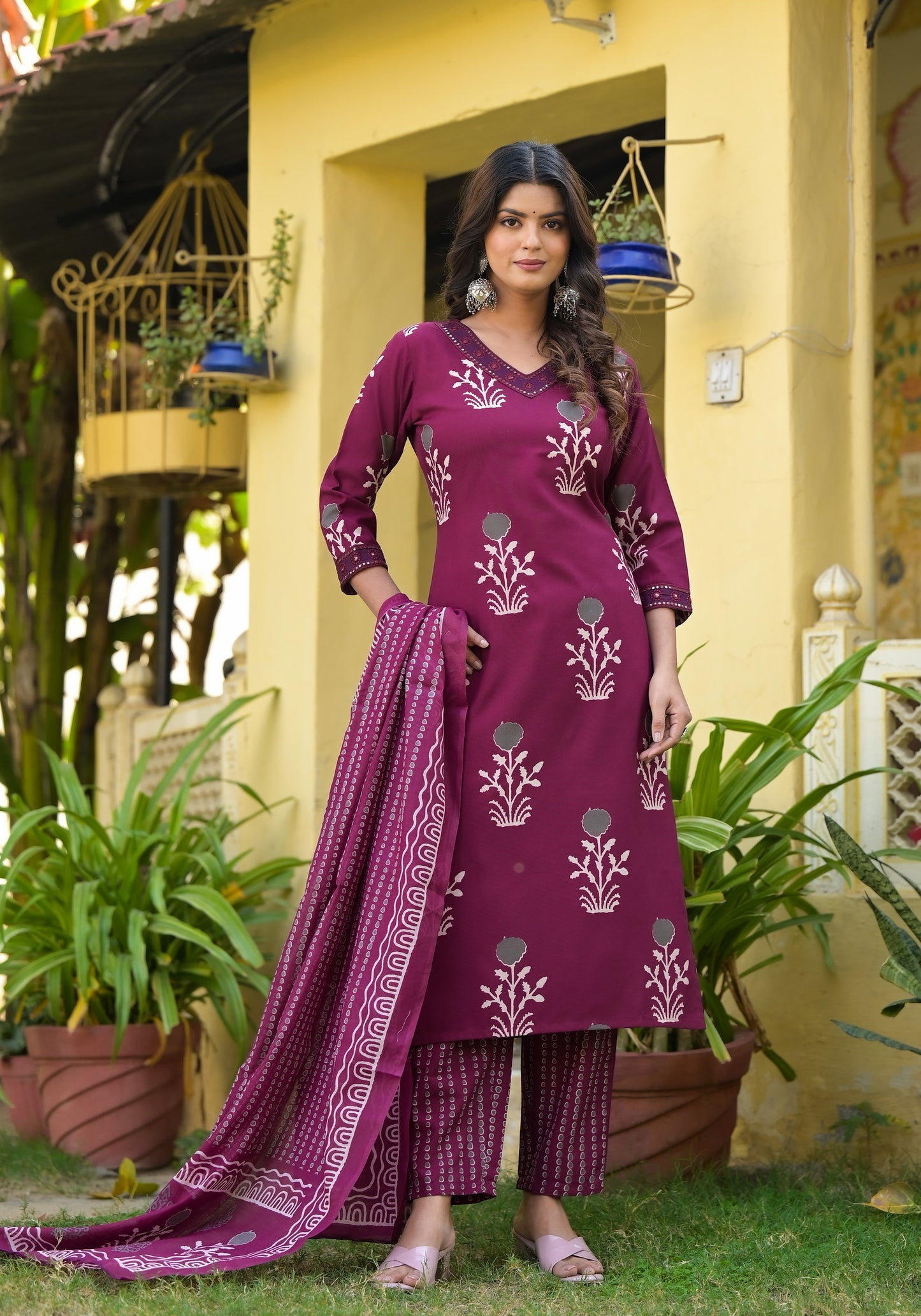Wine Color Straight Kurta Set with Bottom Wear and Dupatta Dropshipera
