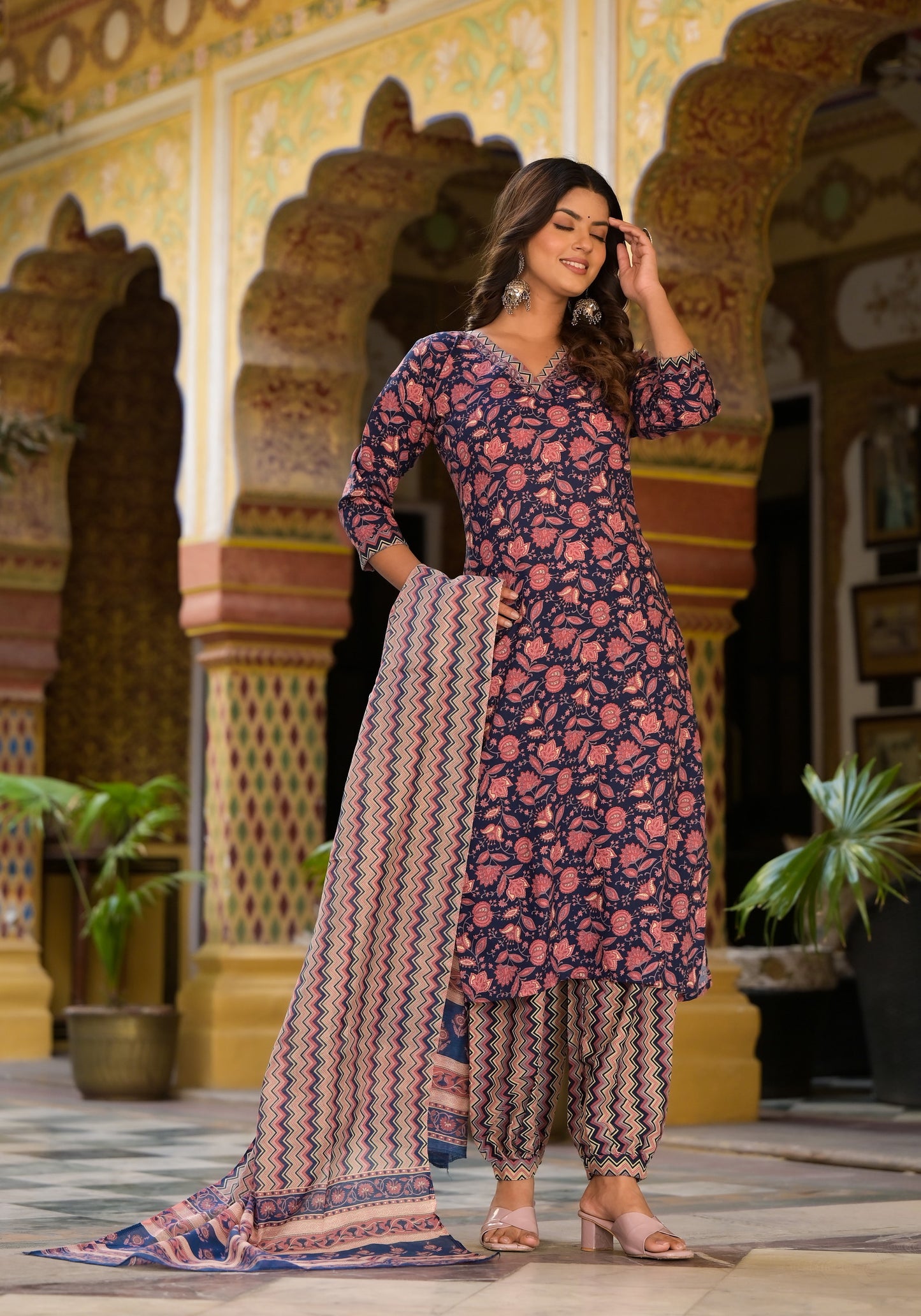 Women Printed Kurta Set With Pant and dupatta Dropshipera