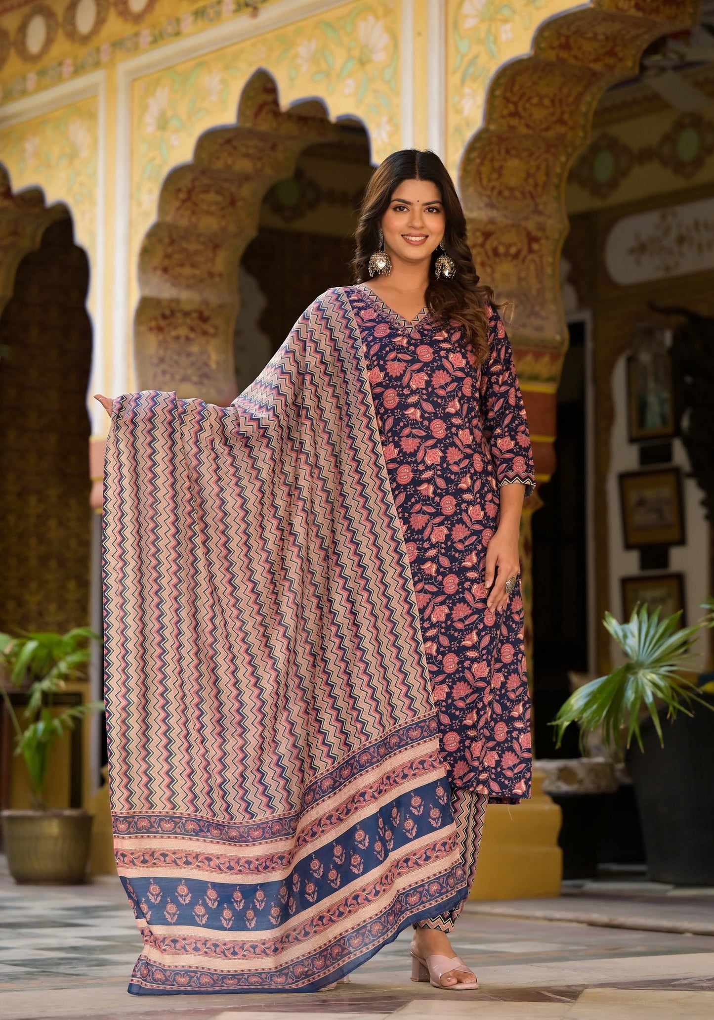 Women Printed Kurta Set With Pant and dupatta Dropshipera