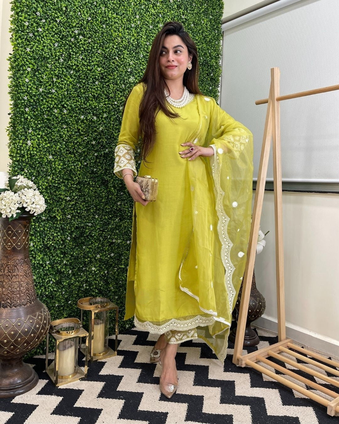 Women Embroidered Straight Kurta Set with Dupatta in Lime Color Dropshipera