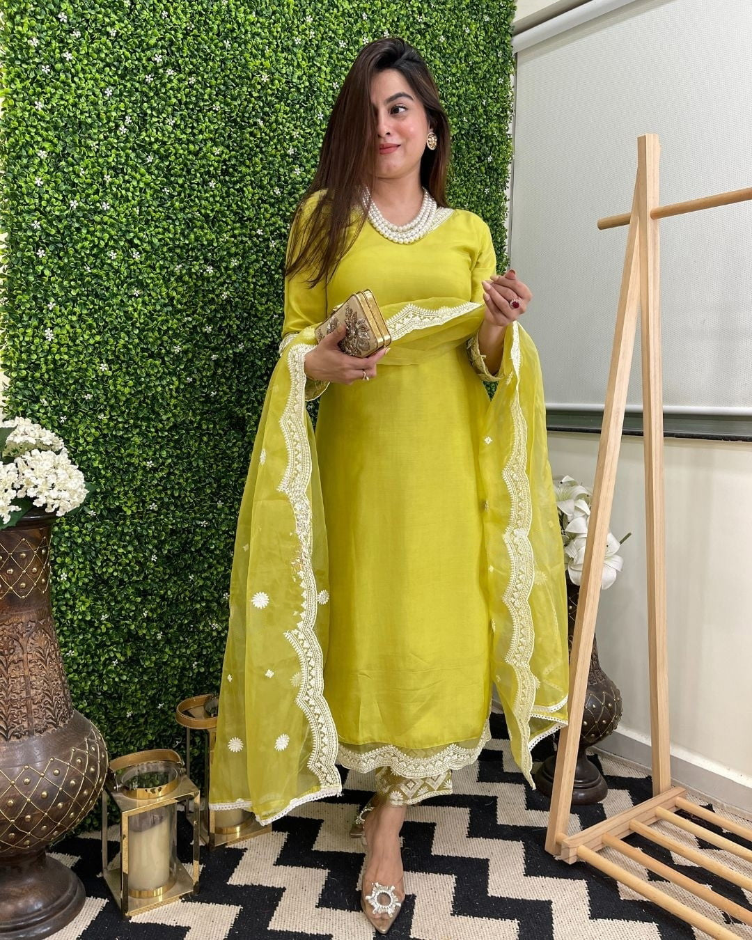 Women Embroidered Straight Kurta Set with Dupatta in Lime Color Dropshipera