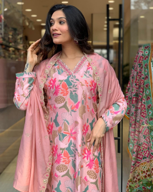 Pink Printed Kurta Set With Chanderi Dupatta With Pant Pair Dropshipera