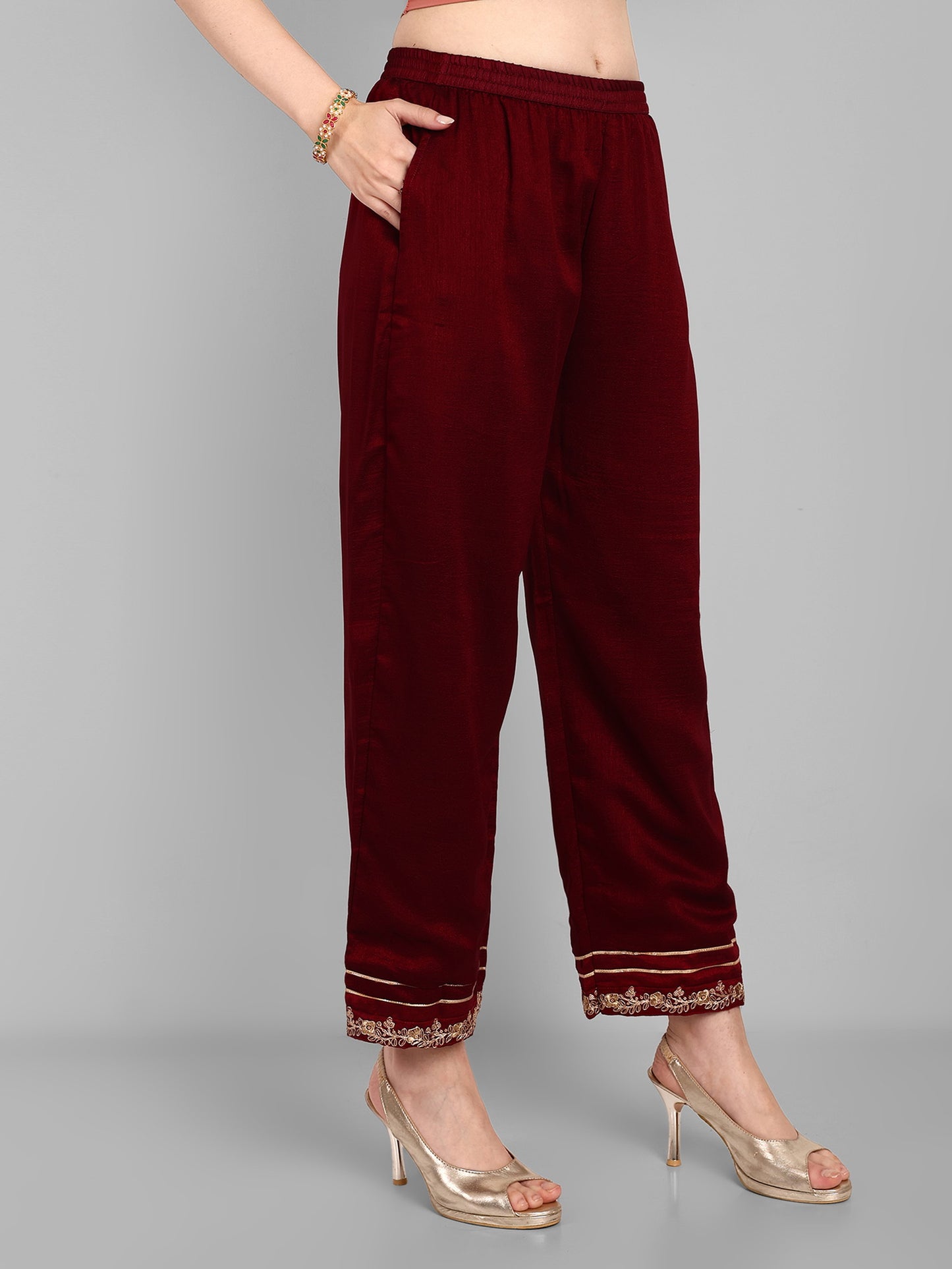 Women Embroidered Vichitra Silk kurta Pant set in Maroon Color Dropshipera