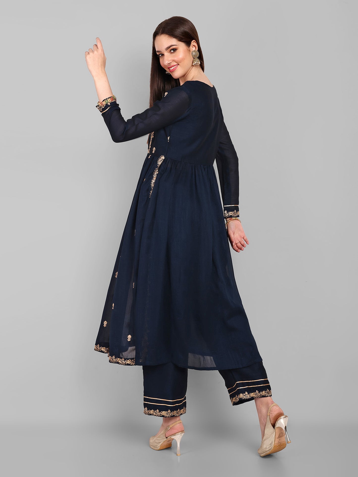 Women Embroidered Vichitra Silk kurta Pant set in Navy Blue Color Dropshipera