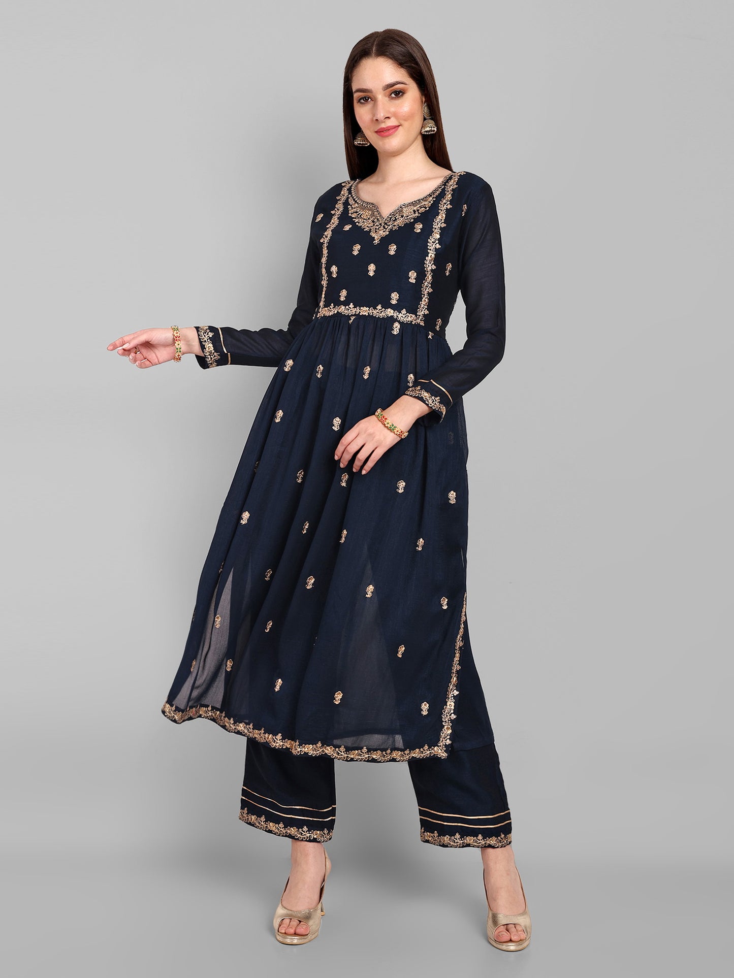 Women Embroidered Vichitra Silk kurta Pant set in Navy Blue Color Dropshipera