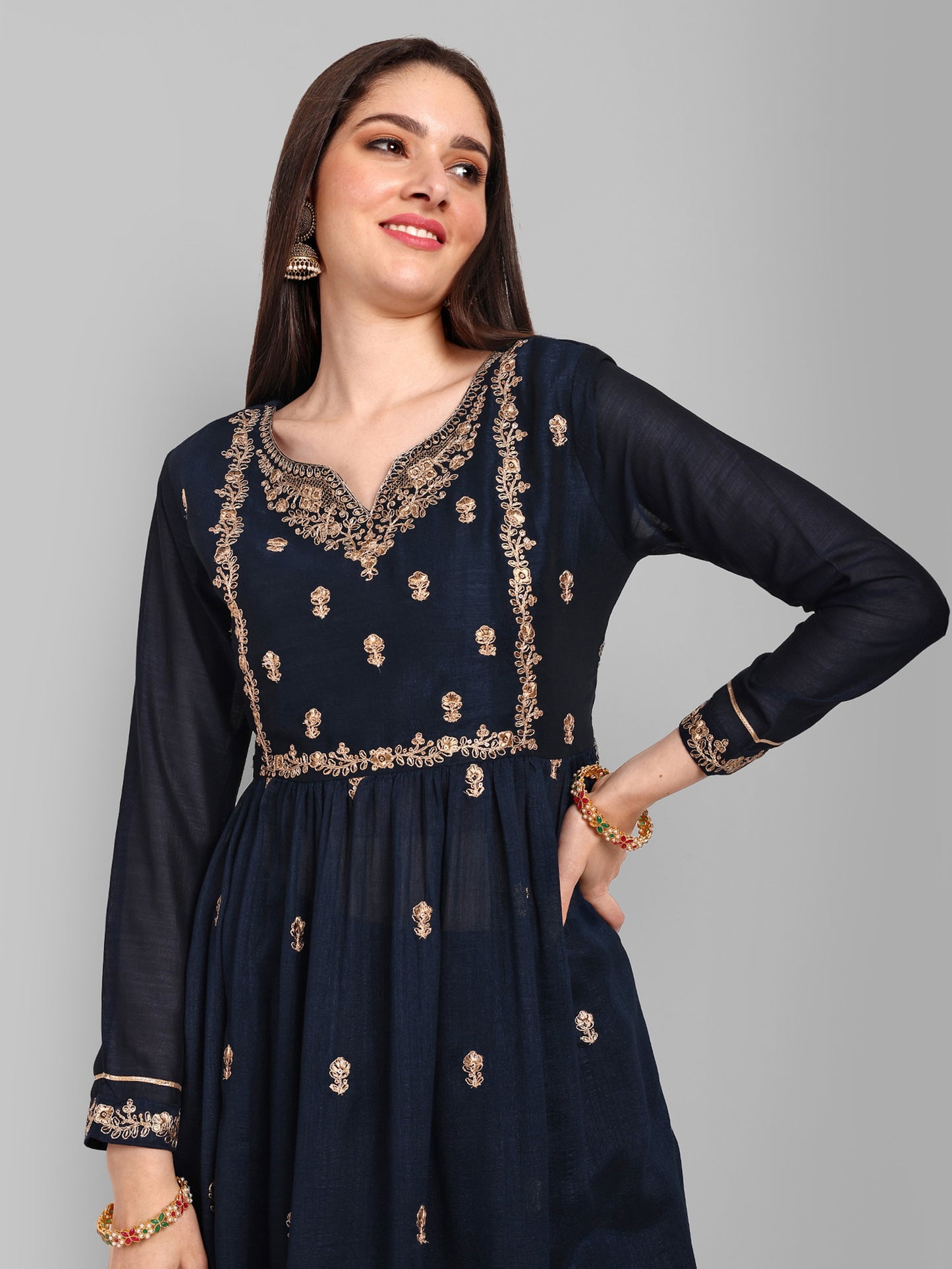 Women Embroidered Vichitra Silk kurta Pant set in Navy Blue Color Dropshipera