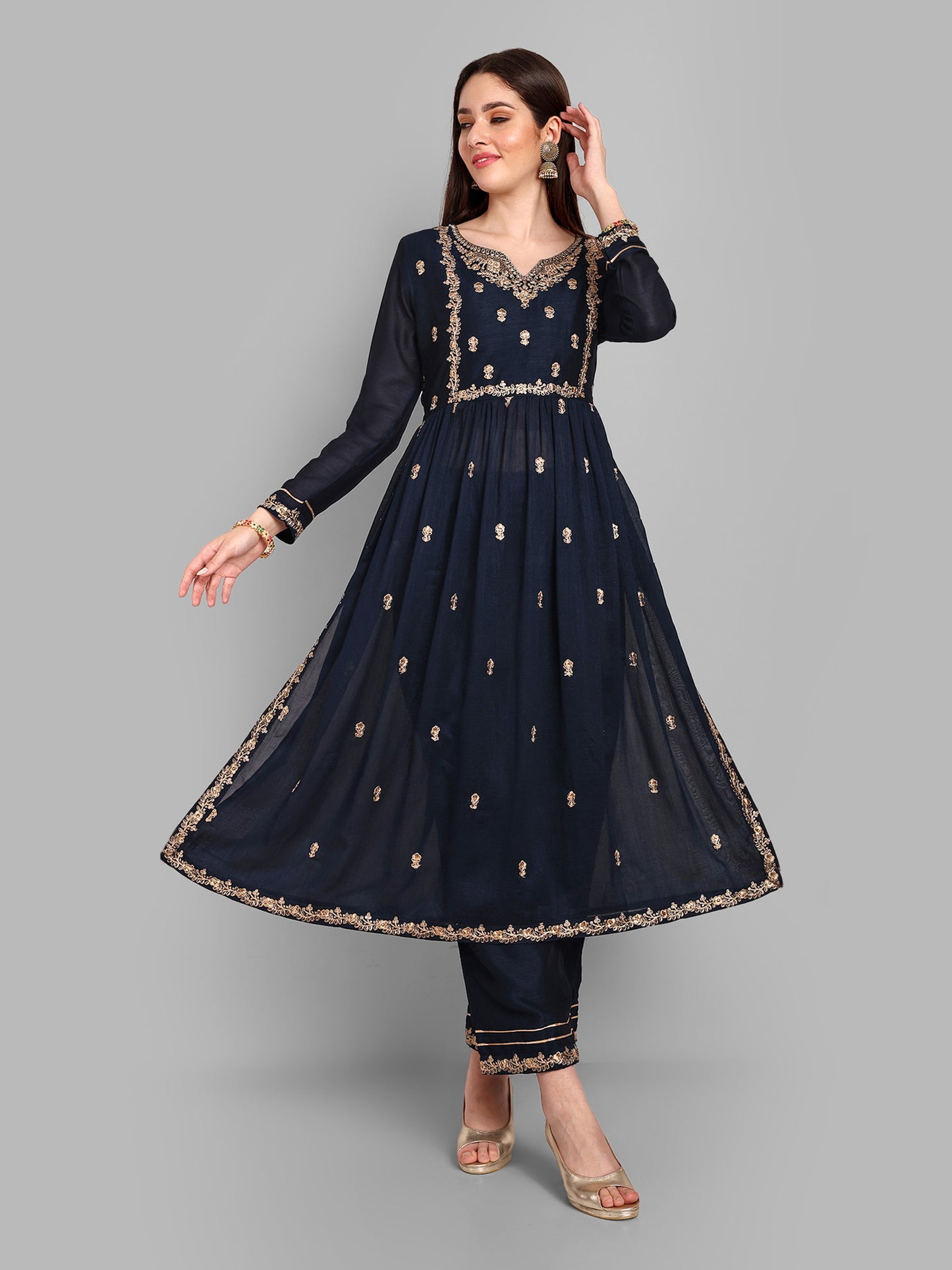 Women Embroidered Vichitra Silk kurta Pant set in Navy Blue Color Dropshipera