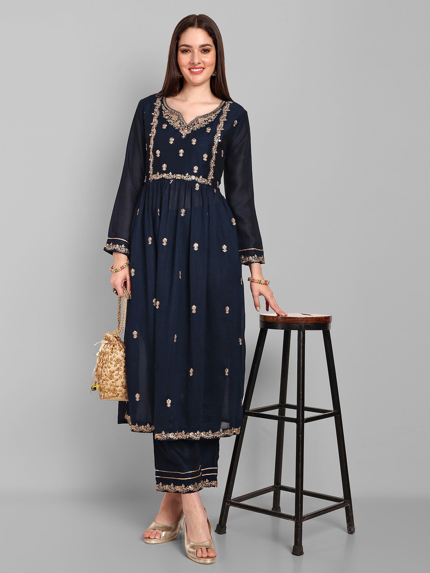 Women Embroidered Vichitra Silk kurta Pant set in Navy Blue Color Dropshipera