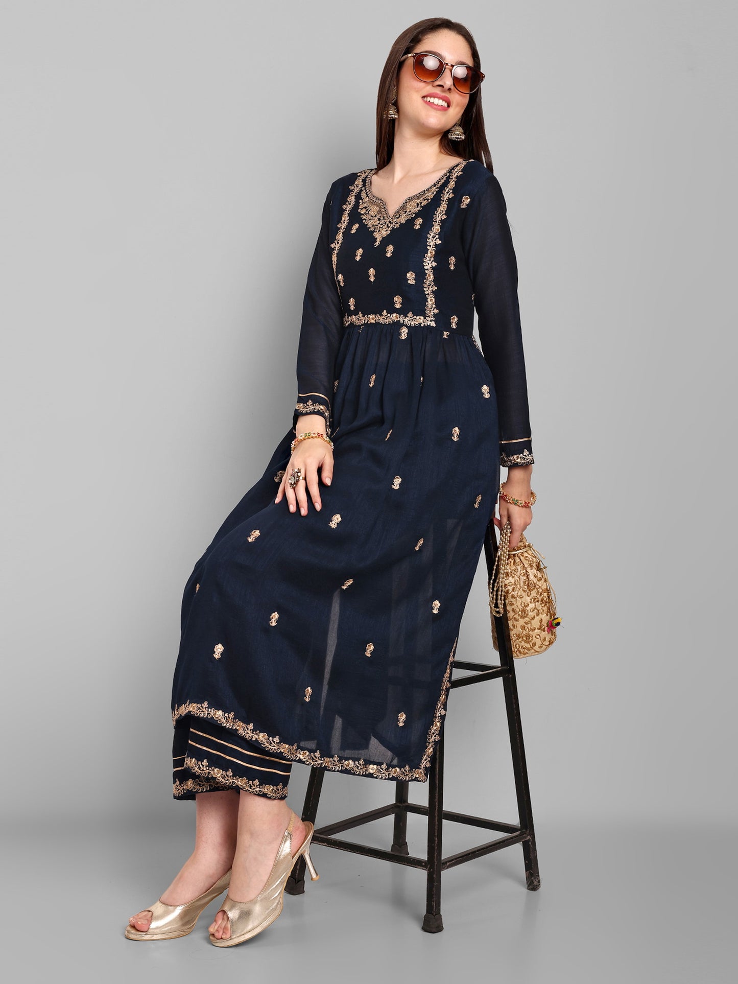 Women Embroidered Vichitra Silk kurta Pant set in Navy Blue Color Dropshipera