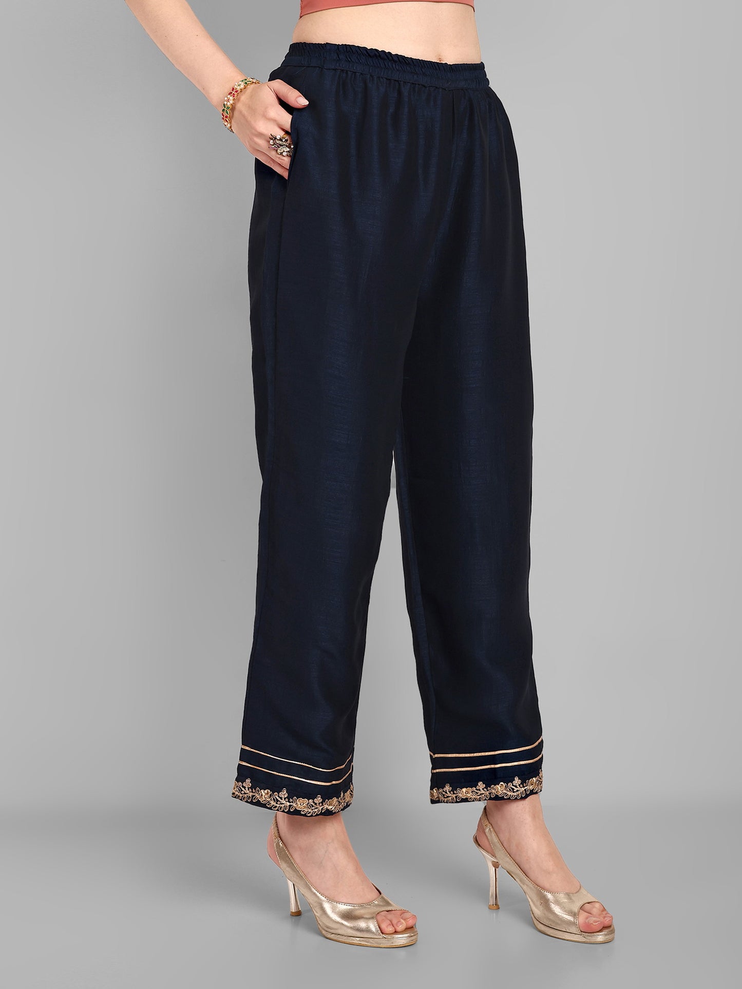 Women Embroidered Vichitra Silk kurta Pant set in Navy Blue Color Dropshipera