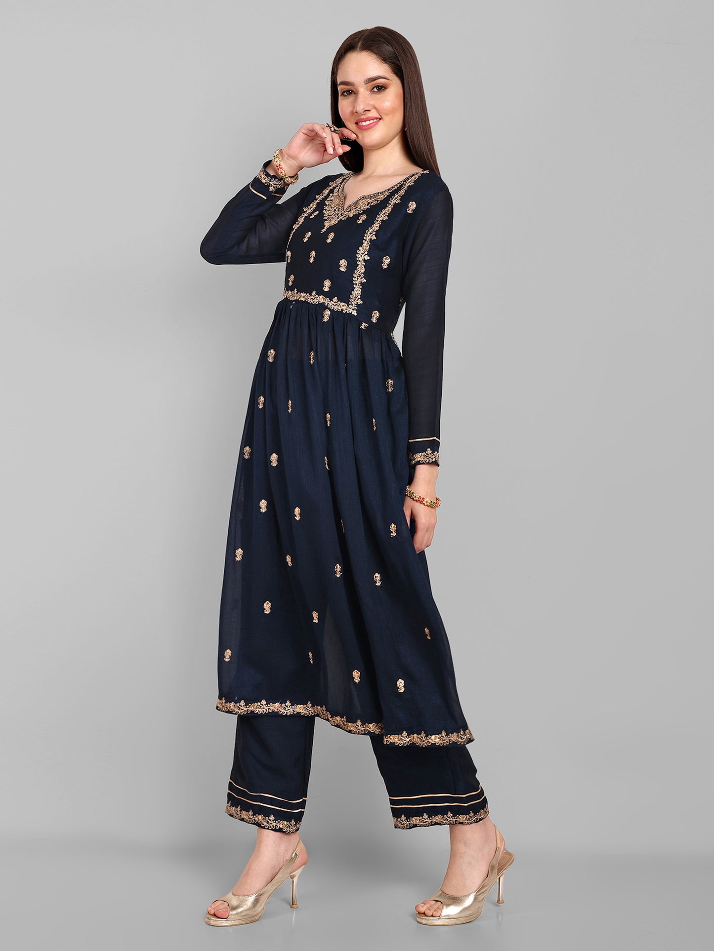 Women Embroidered Vichitra Silk kurta Pant set in Navy Blue Color Dropshipera
