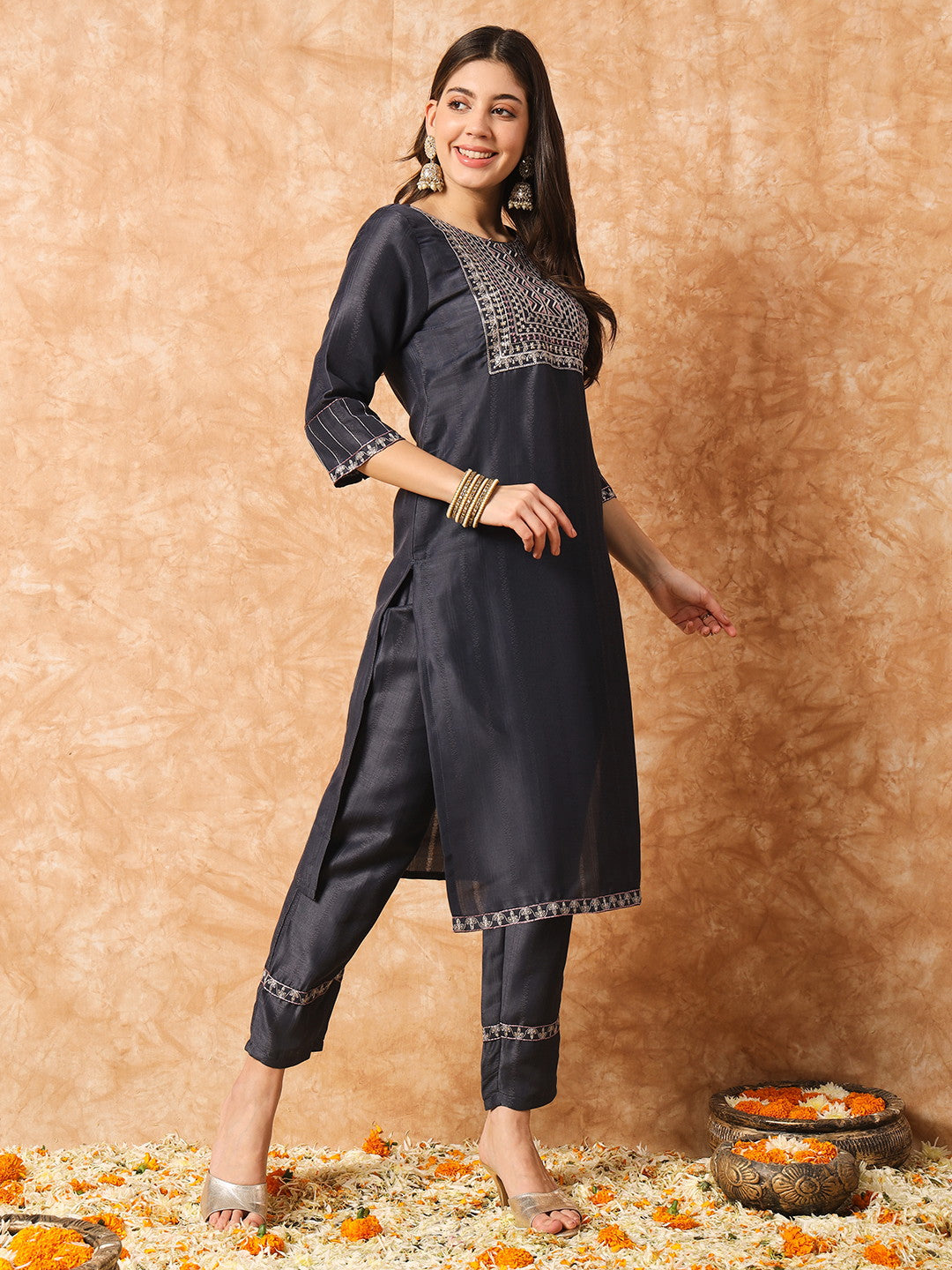 Designer Sequence Embroidery Work Chinon Kurta with Trousers & Dupatta Dropshipera