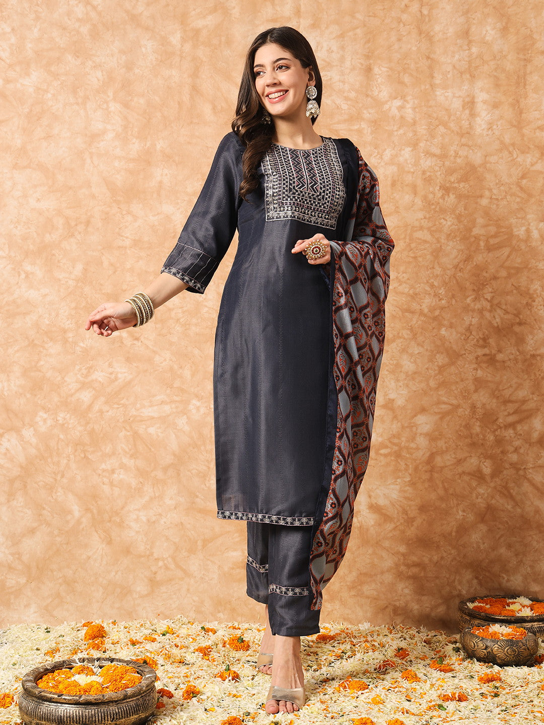 Designer Sequence Embroidery Work Chinon Kurta with Trousers & Dupatta Dropshipera