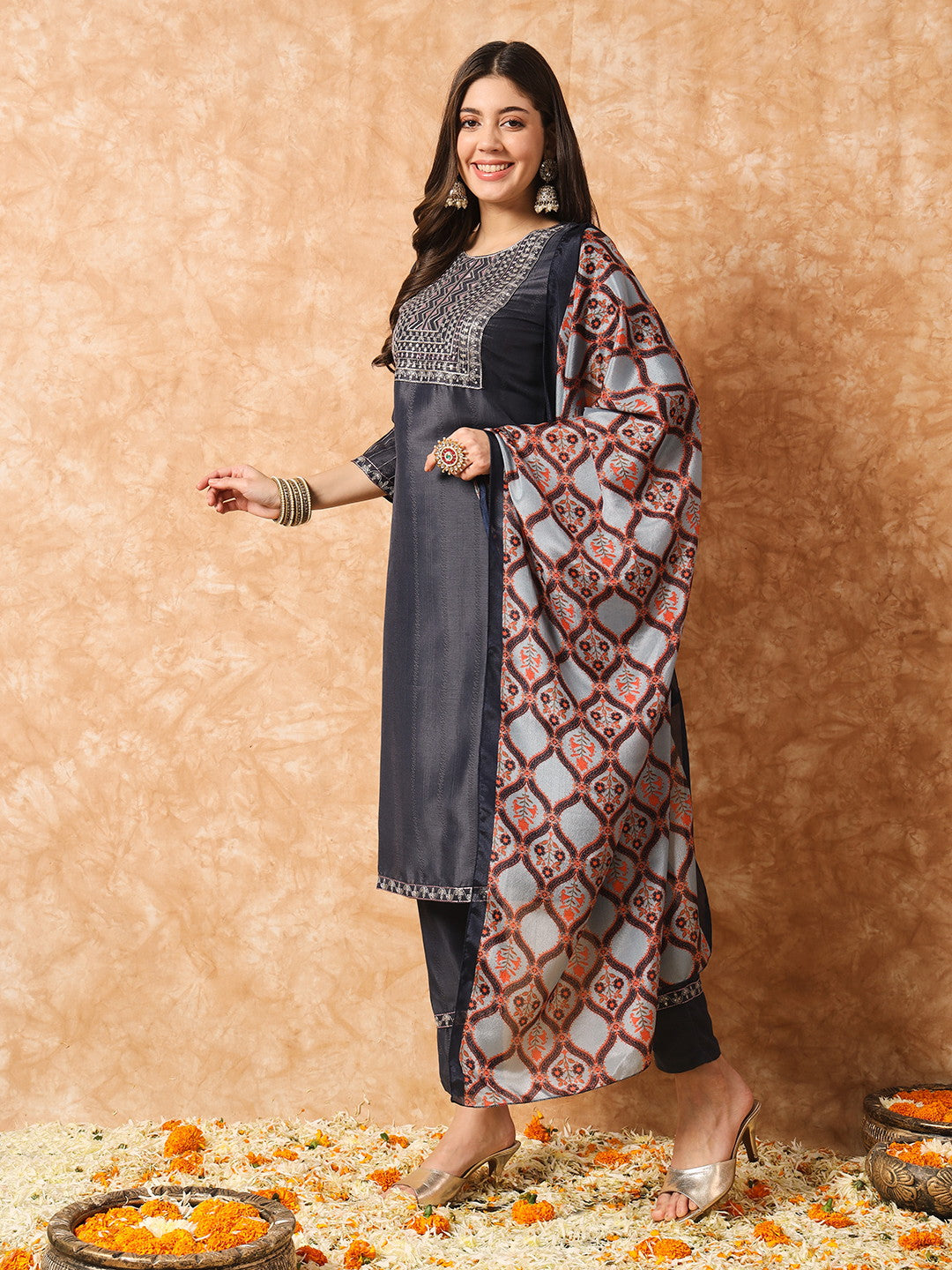 Designer Sequence Embroidery Work Chinon Kurta with Trousers & Dupatta Dropshipera