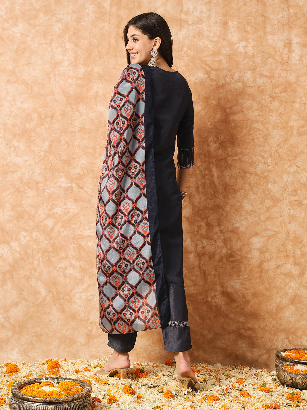 Designer Sequence Embroidery Work Chinon Kurta with Trousers & Dupatta Dropshipera