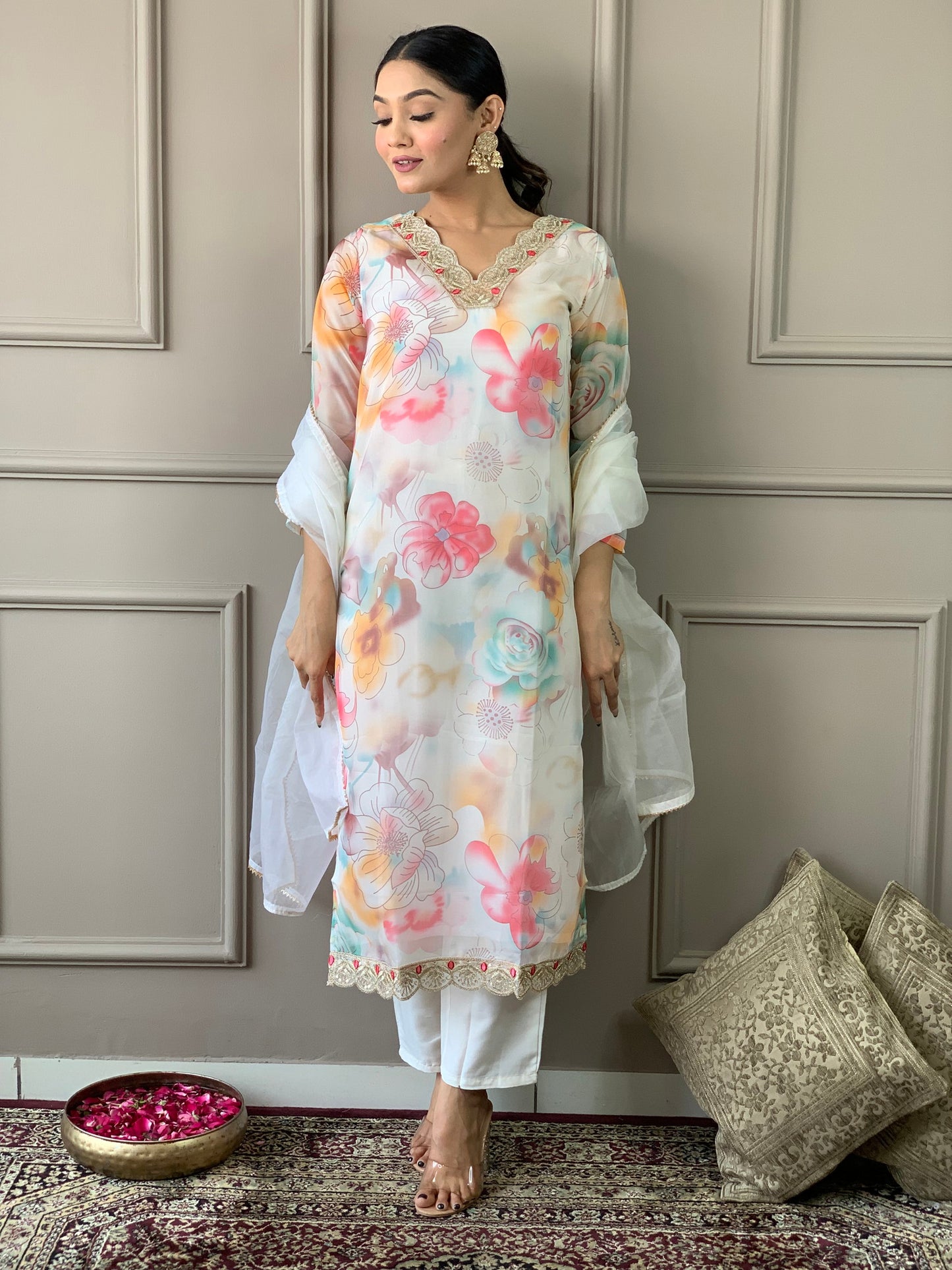 Floral Design Off White Kurta Set with Bottom and Dupatta Dropshipera