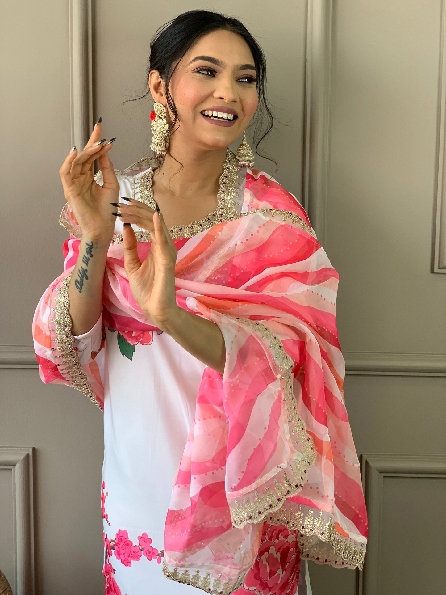 Designer White Floral Kurta Set with Bottom and Dupatta Dropshipera