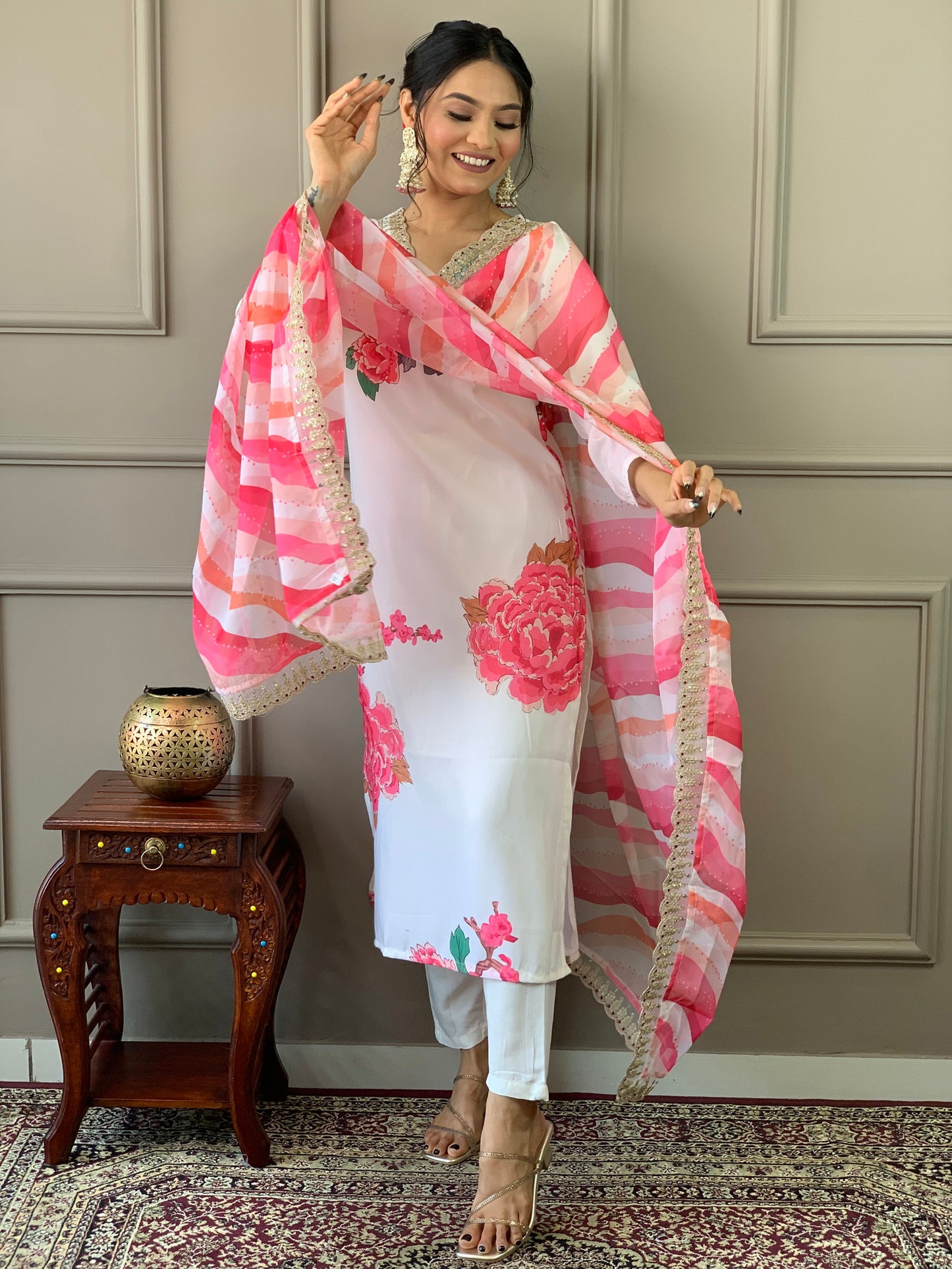 Designer White Floral Kurta Set with Bottom and Dupatta Dropshipera