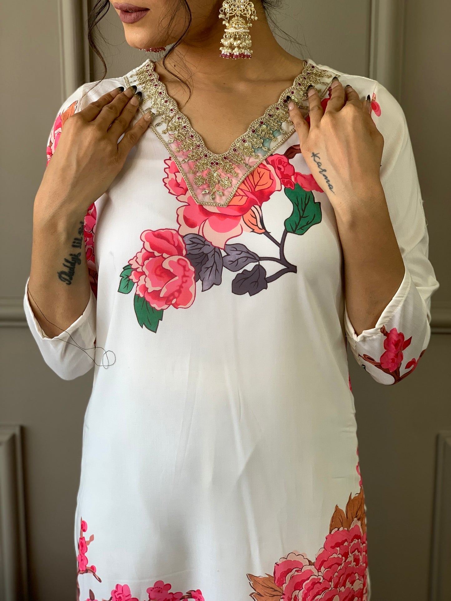 Designer White Floral Kurta Set with Bottom and Dupatta Dropshipera